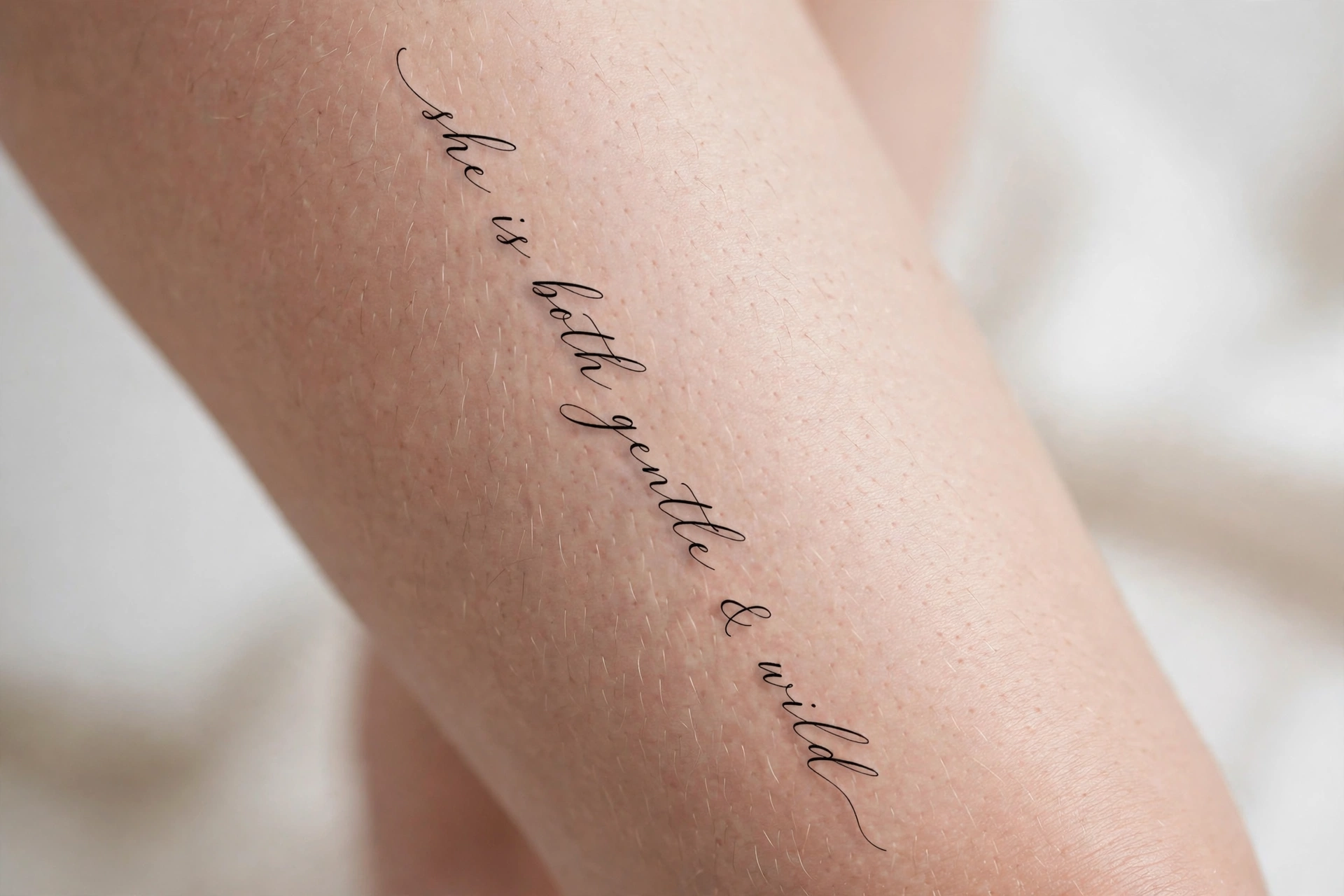 Elegant fine-line script quote tattoo along a woman's thigh