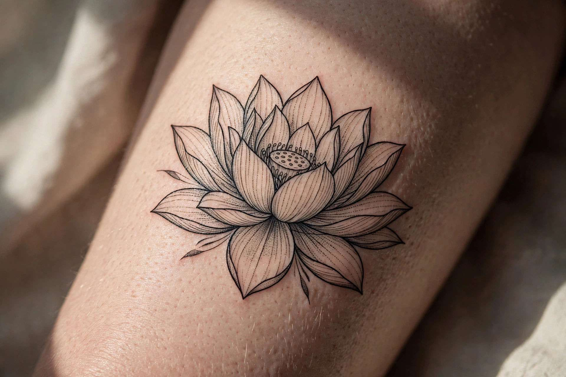 Large lotus flower blooming on a woman's thigh tattoo