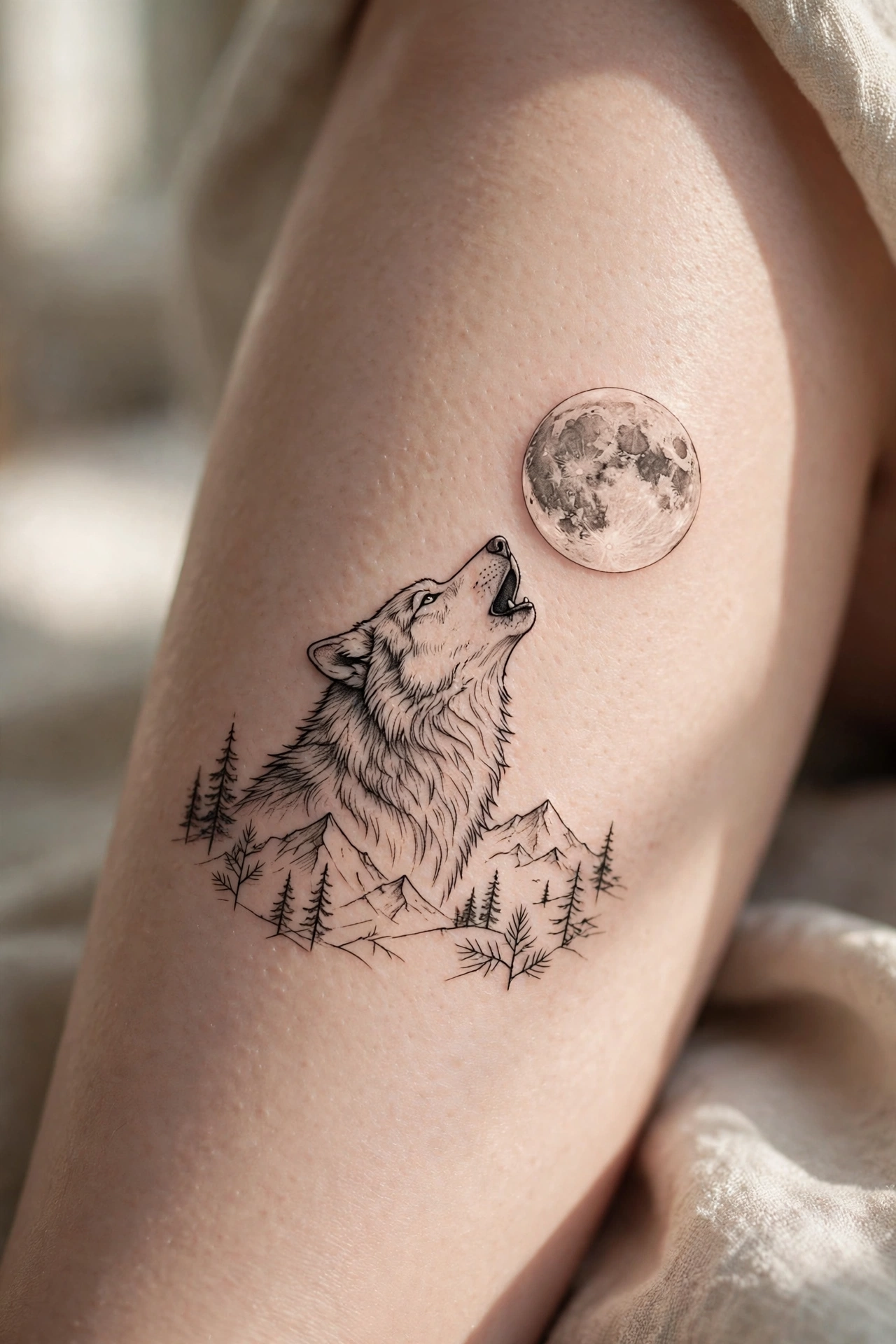 Wolf howling at a full moon tattoo on a woman's thigh