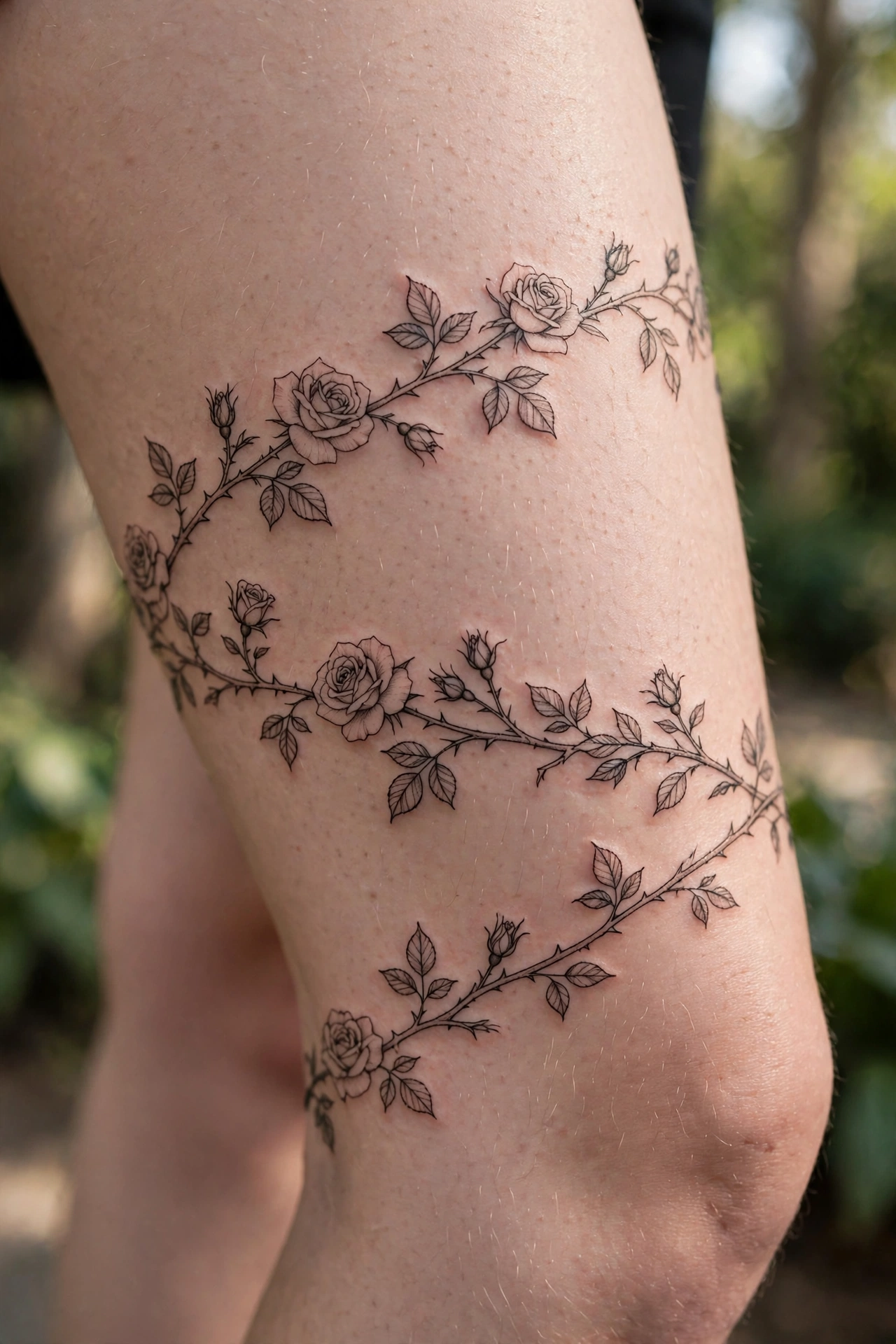 Rose vine with thorns wrapping a woman's thigh tattoo