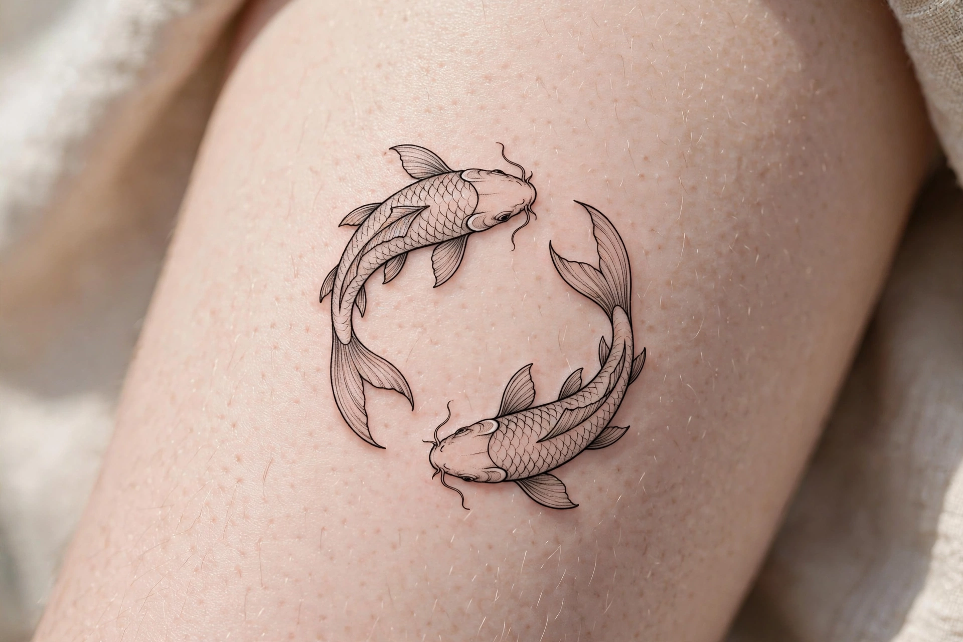 Two koi fish swimming in a circle on a woman's thigh tattoo