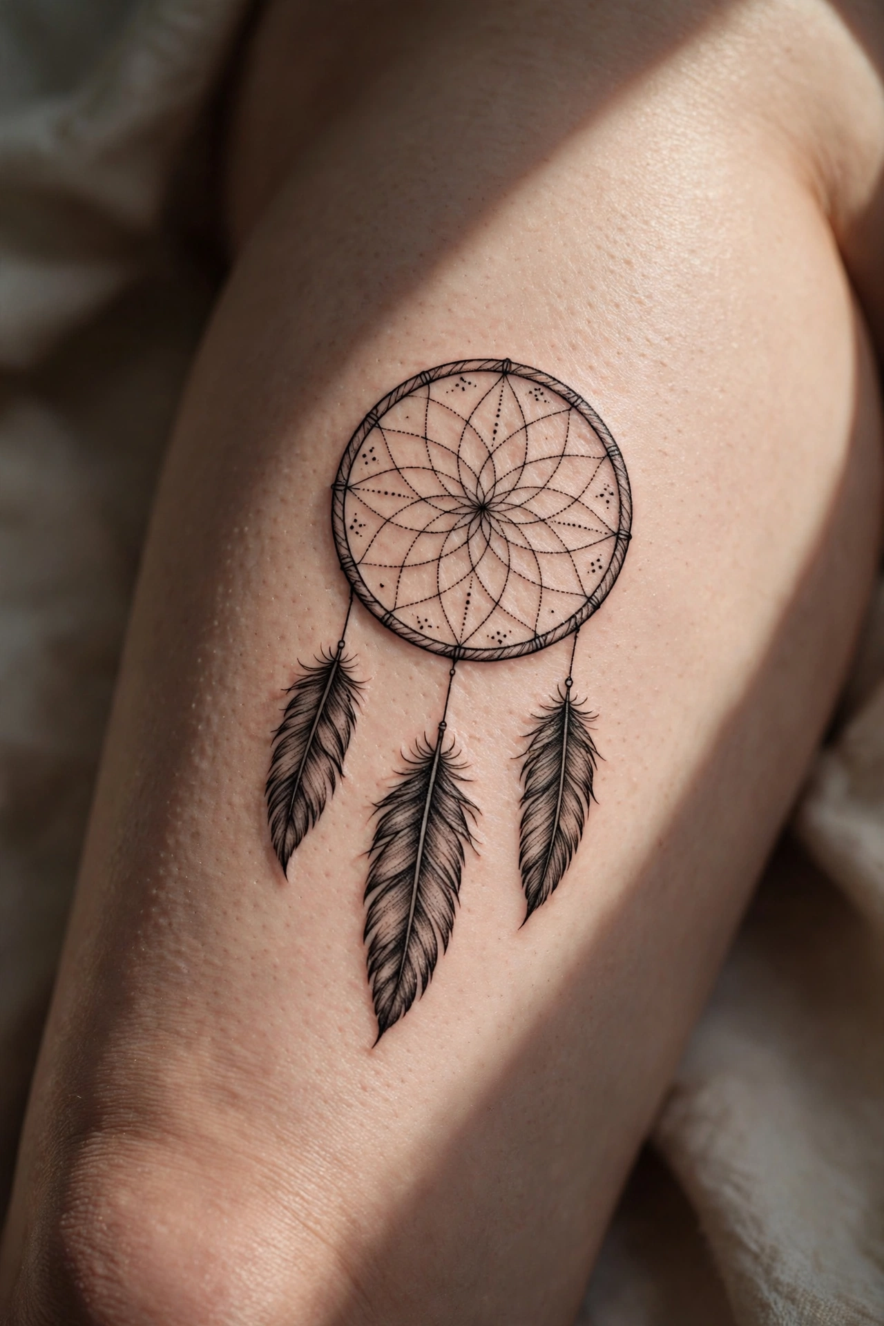 Dreamcatcher with dangling feathers tattoo on a woman's thigh