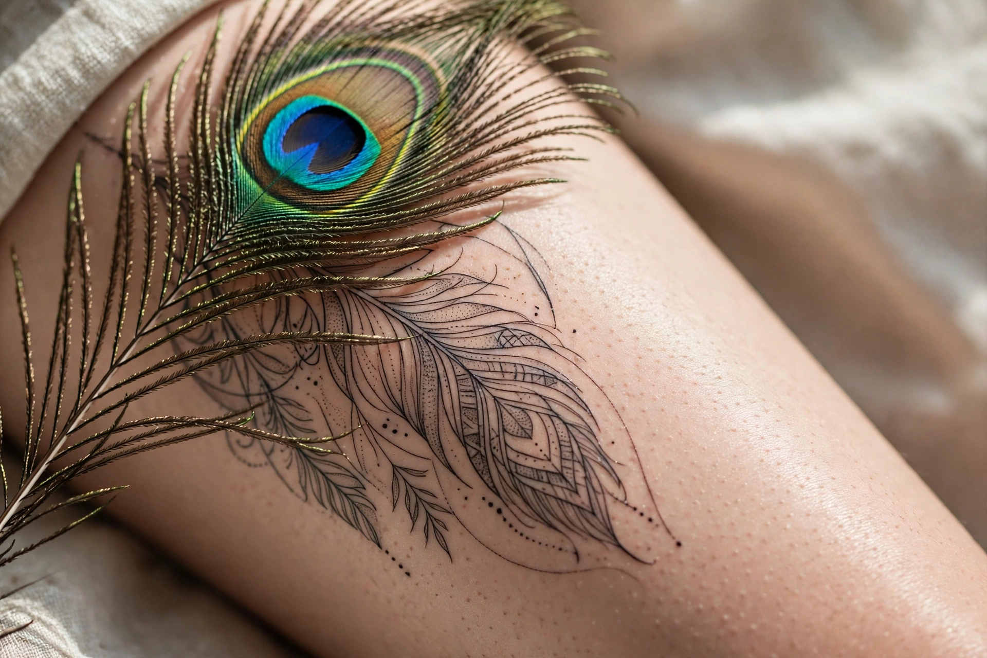 Vibrant peacock feather tattoo sweeping across a woman's thigh