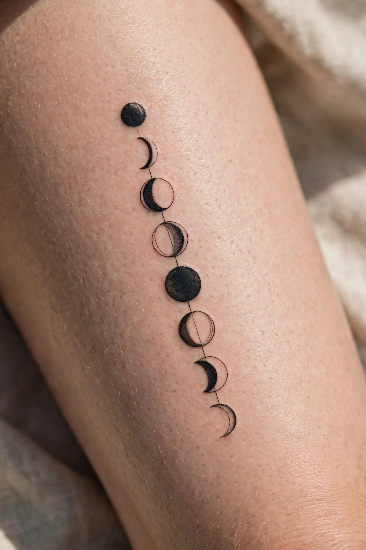 Vertical moon phase column tattoo down a woman's thigh