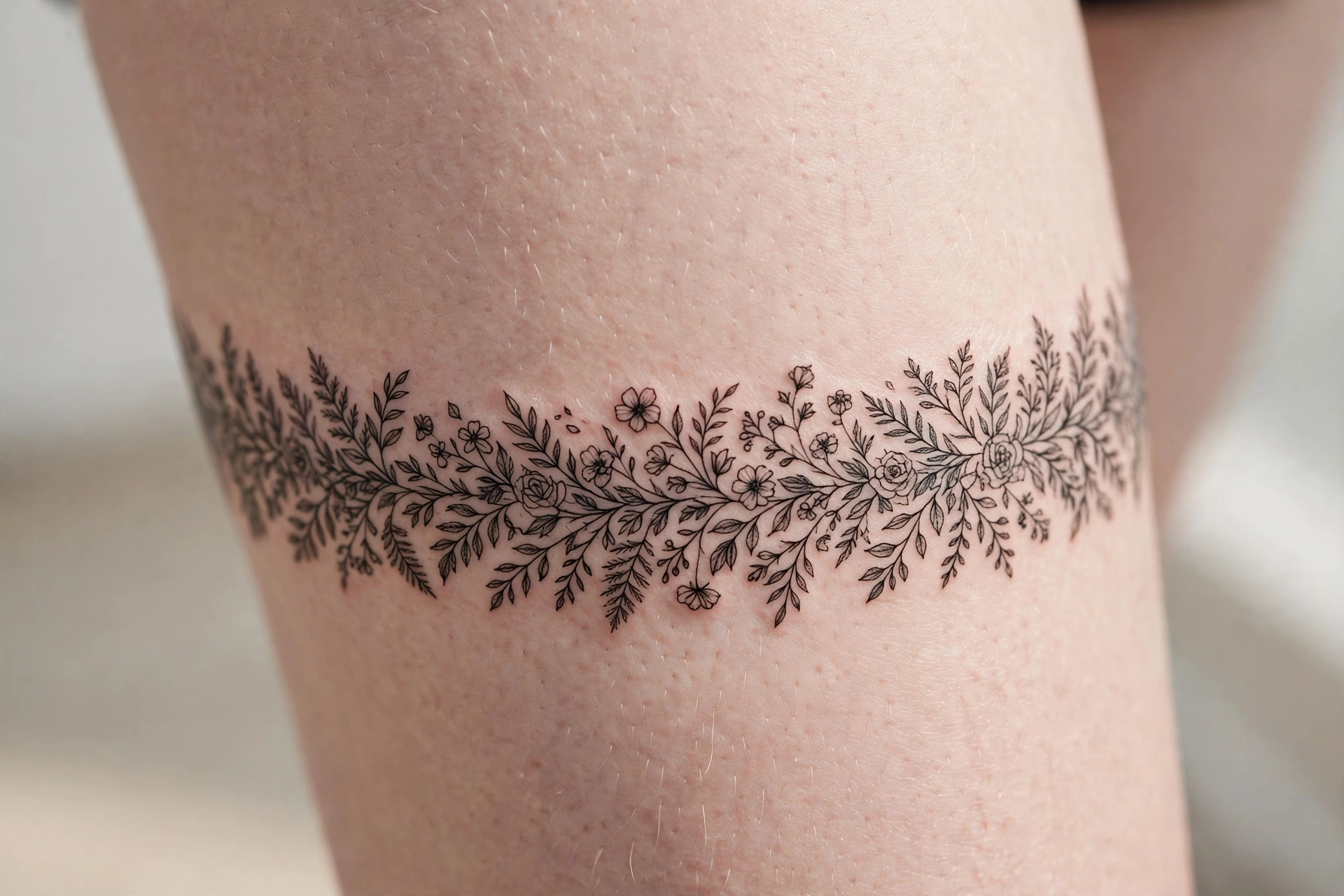 Floral band tattoo circling a woman's thigh