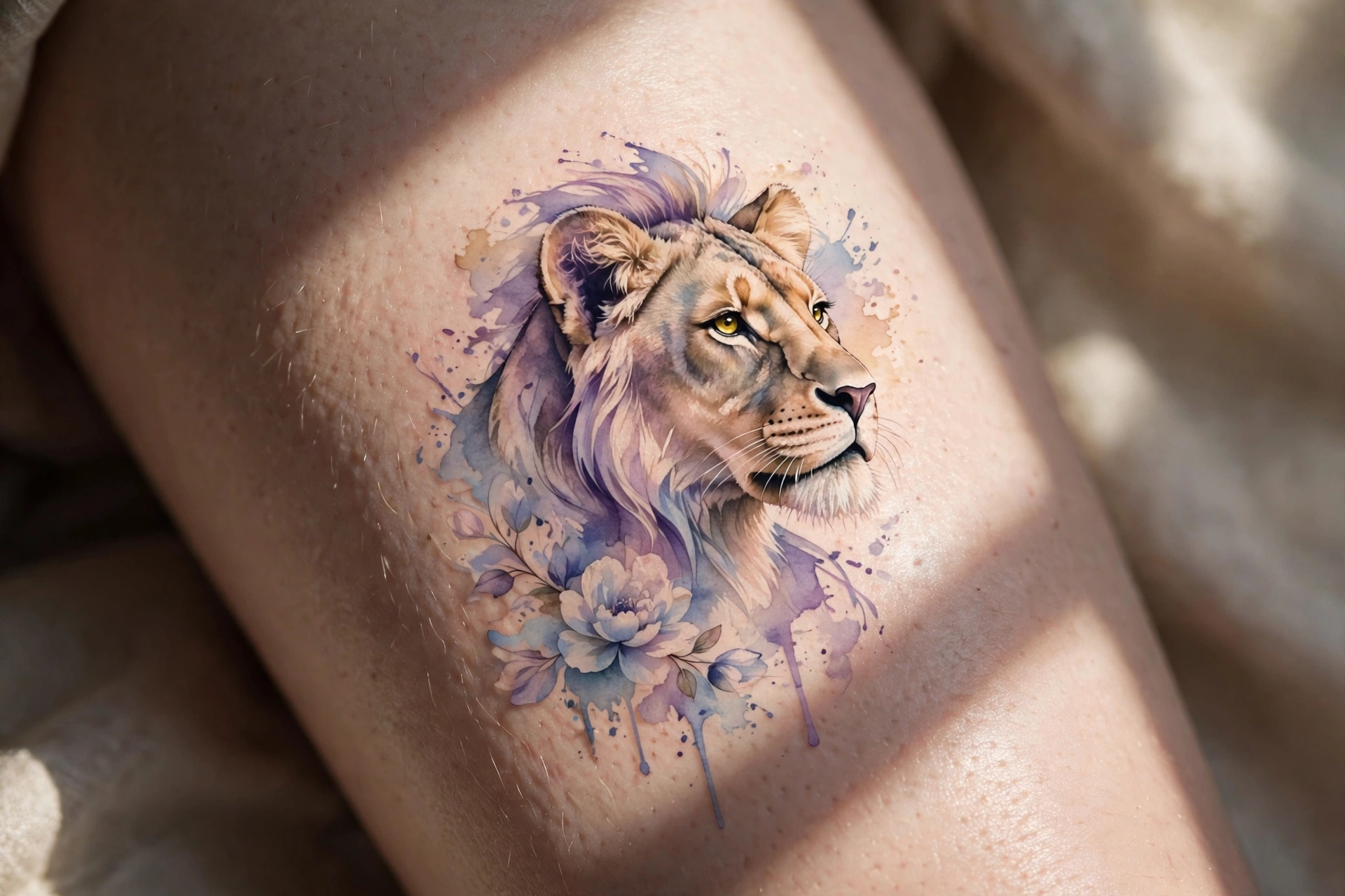 Regal lioness portrait tattoo on a woman's thigh