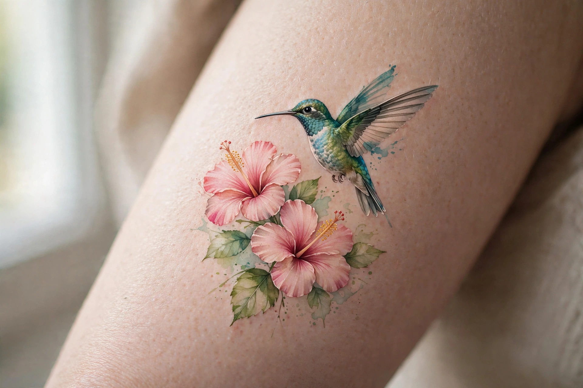 Hummingbird hovering over hibiscus flowers thigh tattoo