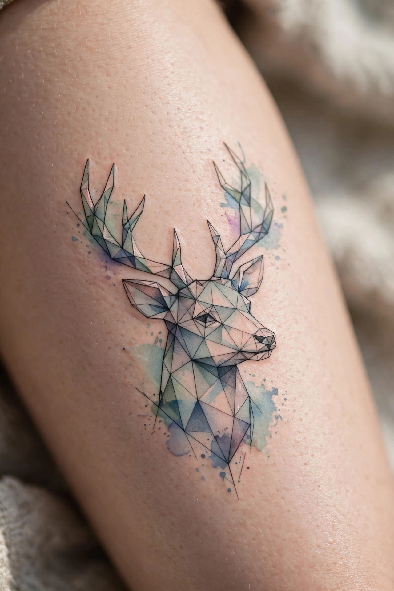 Geometric low-poly deer head tattoo on a woman's thigh