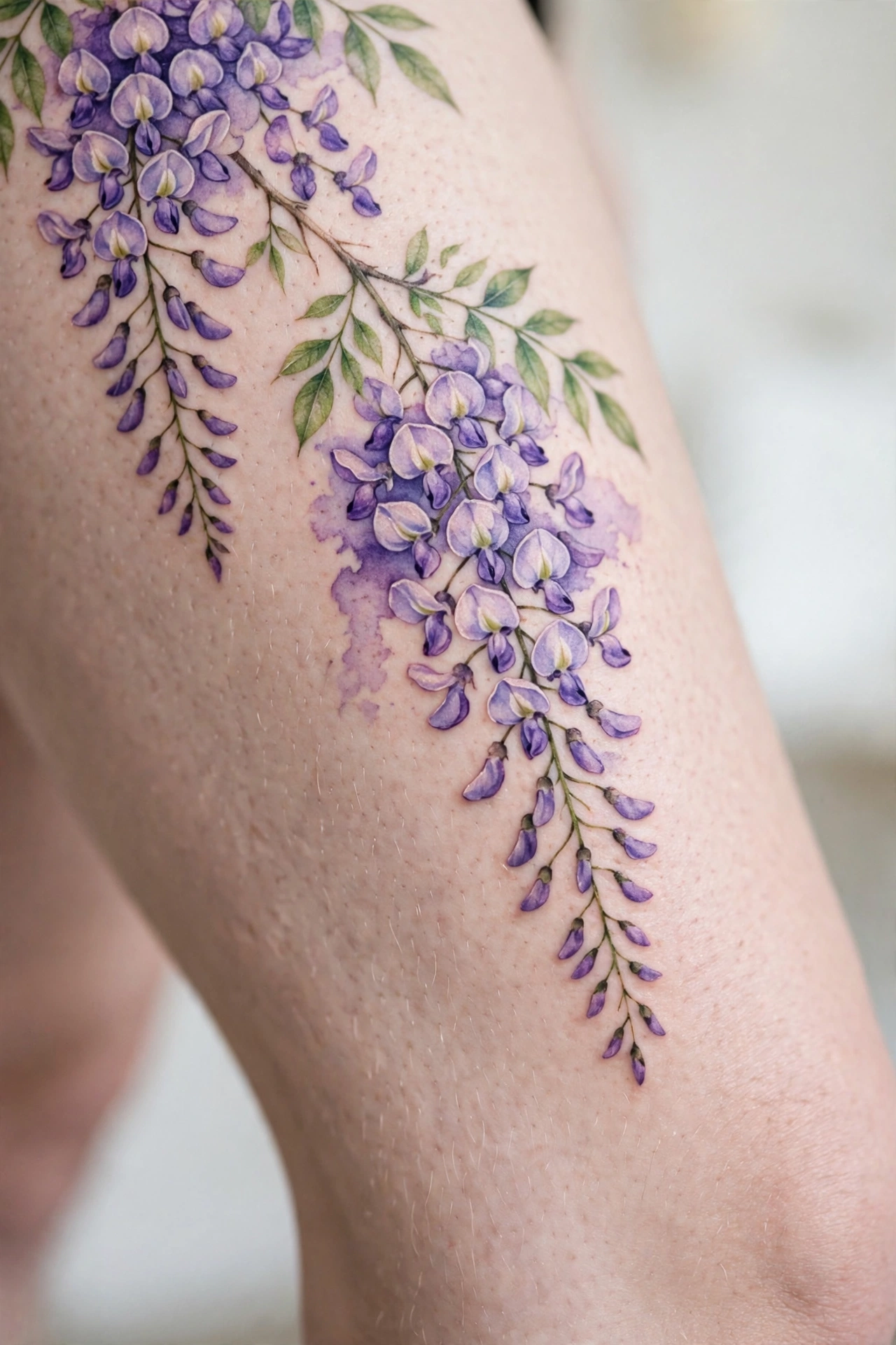 Purple wisteria flowers draping down a woman's thigh tattoo