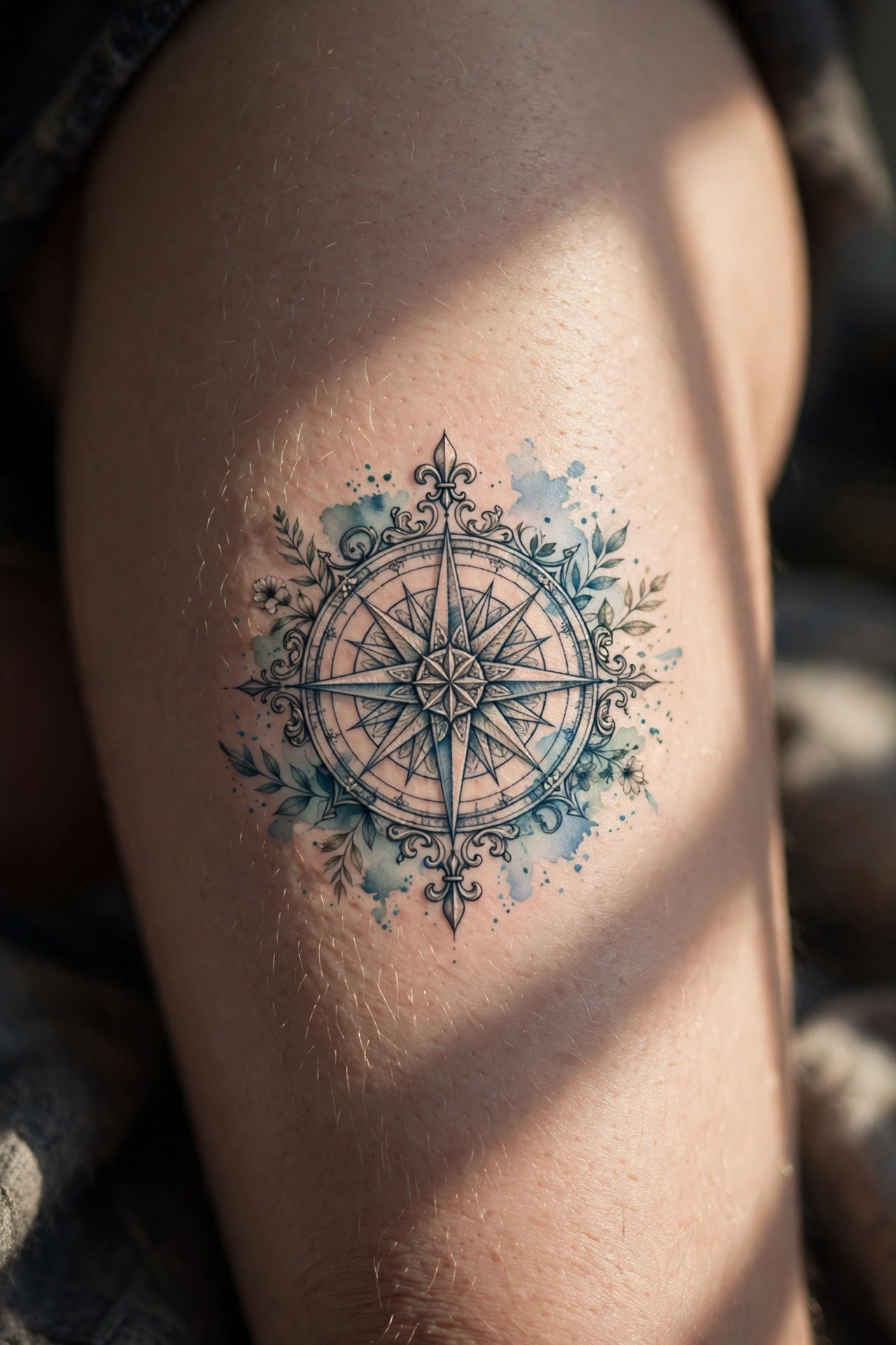 Ornate vintage compass rose tattoo on a woman's thigh