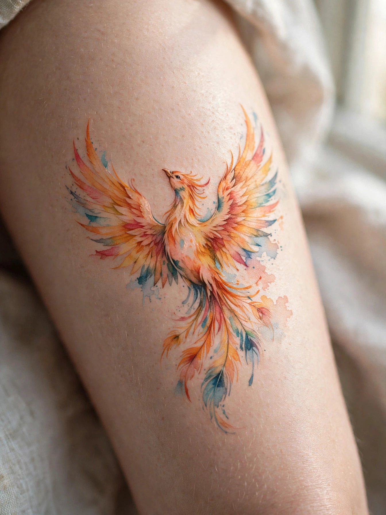Phoenix rising with spread wings thigh tattoo