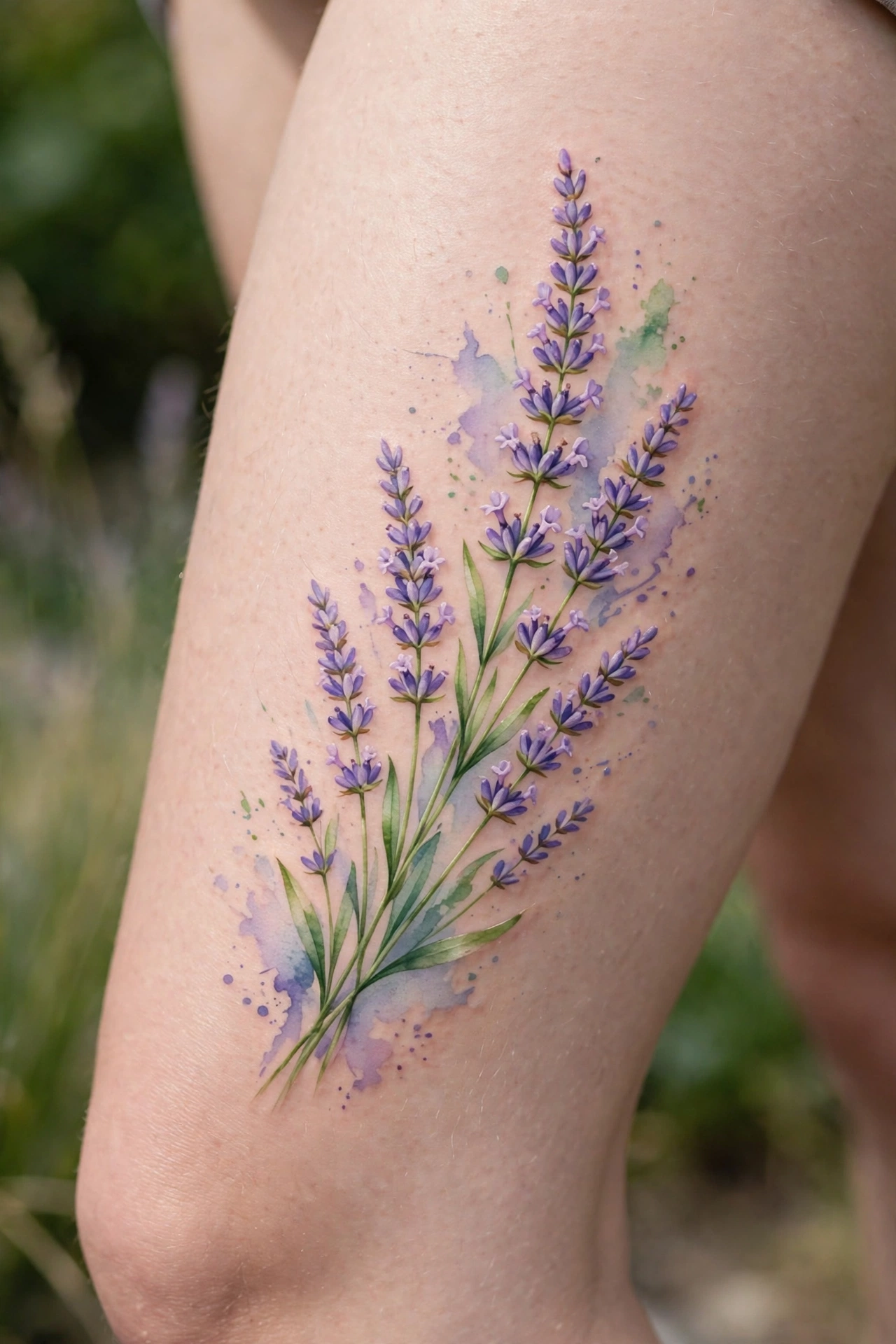 Lavender sprigs field tattoo along a woman's thigh