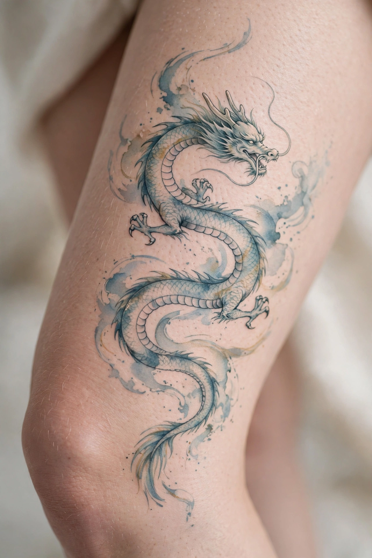 Chinese dragon coiling around a woman's thigh tattoo