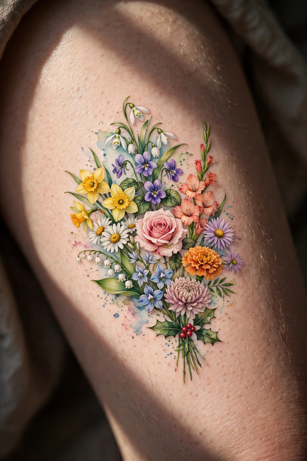 Bouquet of birth month flowers tattoo on a woman's thigh
