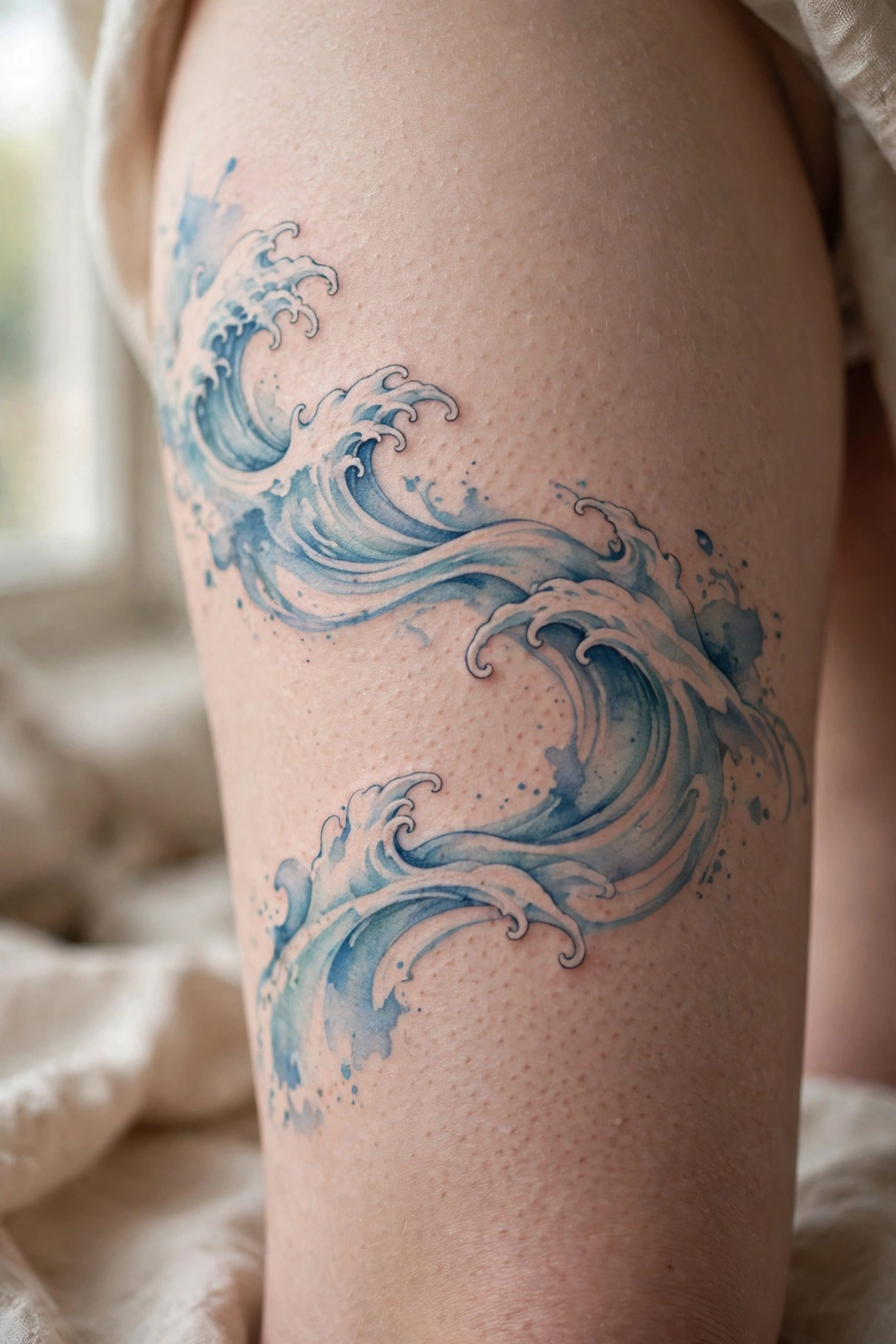 Japanese ocean wave tattoo wrapping a woman's thigh