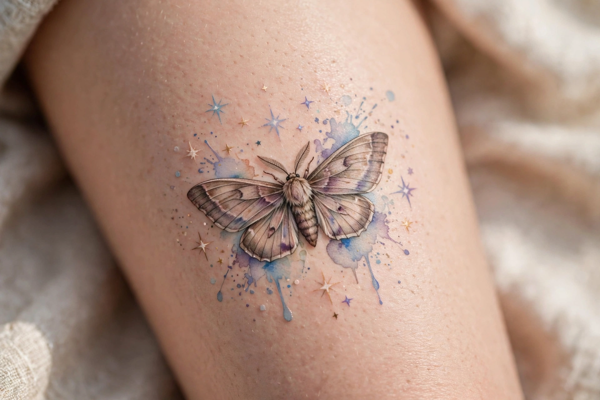 Detailed moth surrounded by stars thigh tattoo