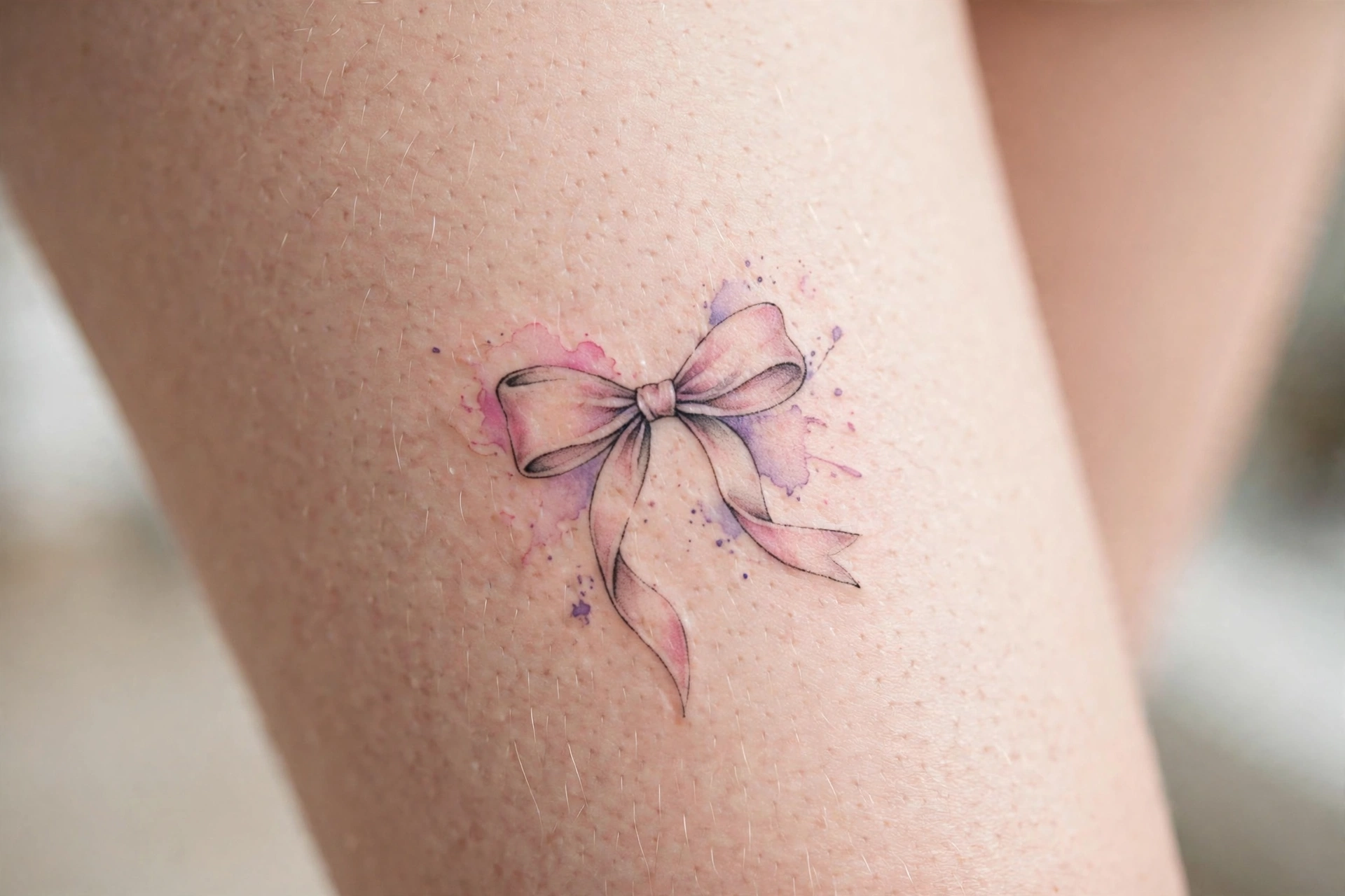 Elegant ribbon bow tattoo on a woman's upper thigh