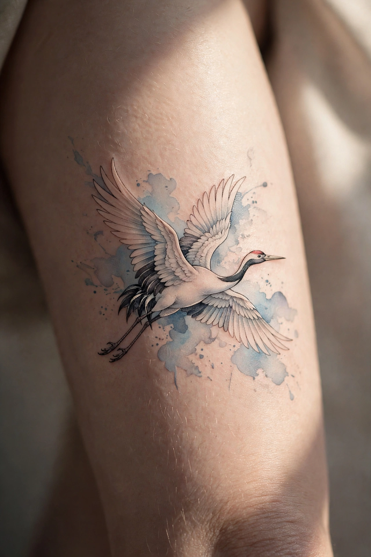 Japanese crane flying across a woman's thigh tattoo