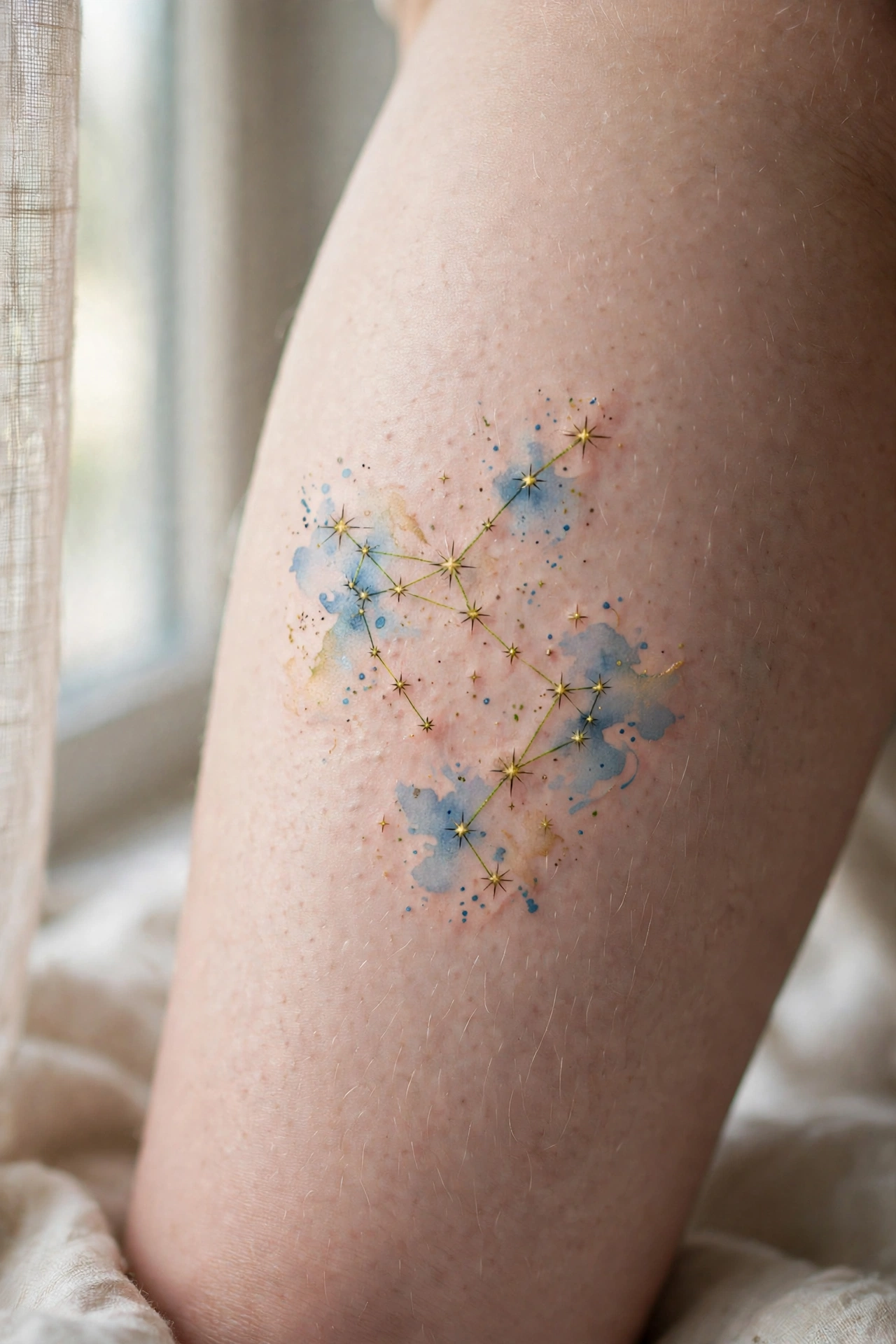 Constellation stars mapping the night sky on a woman's thigh tattoo