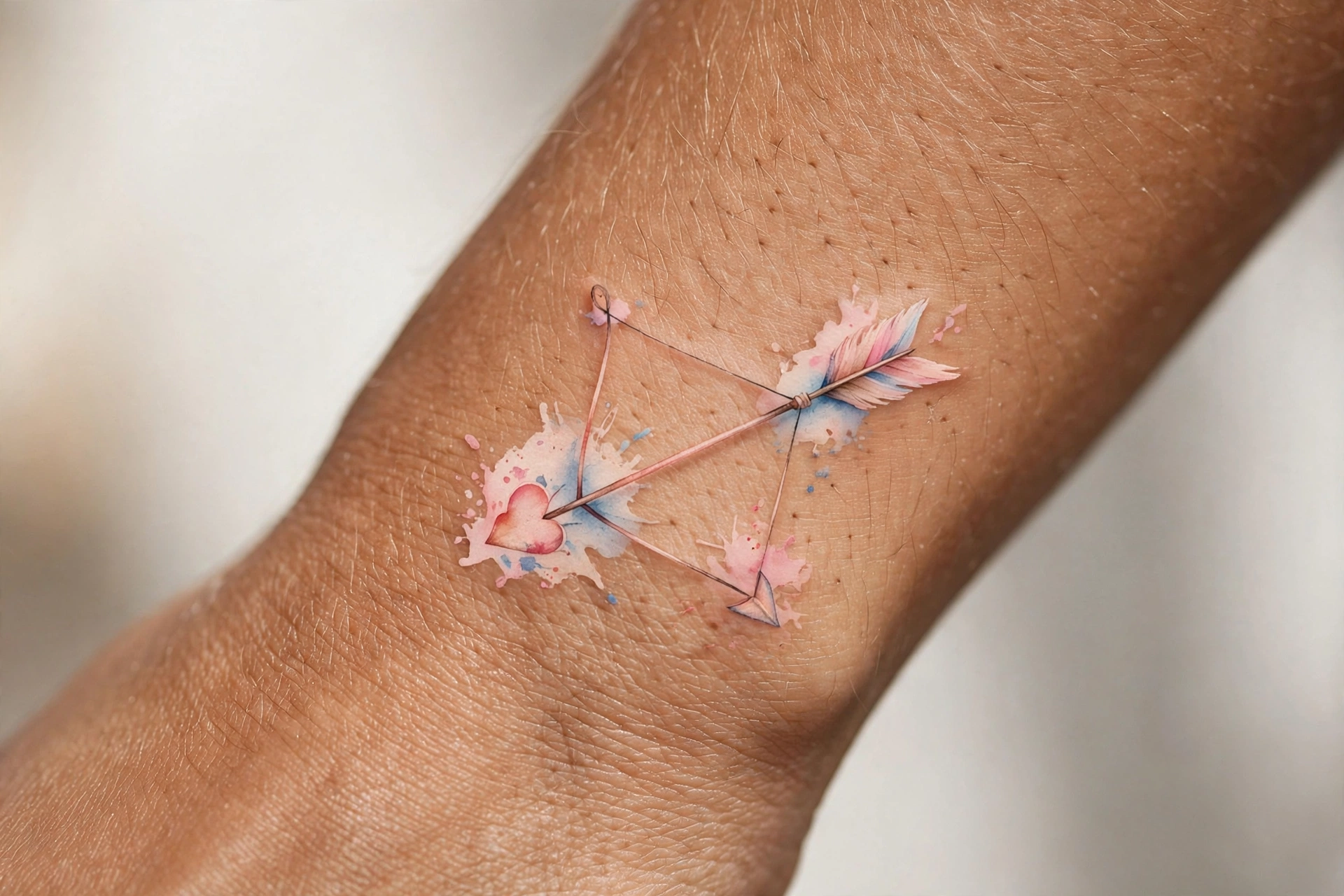 Cupid's arrow tattoo with heart tip on forearm