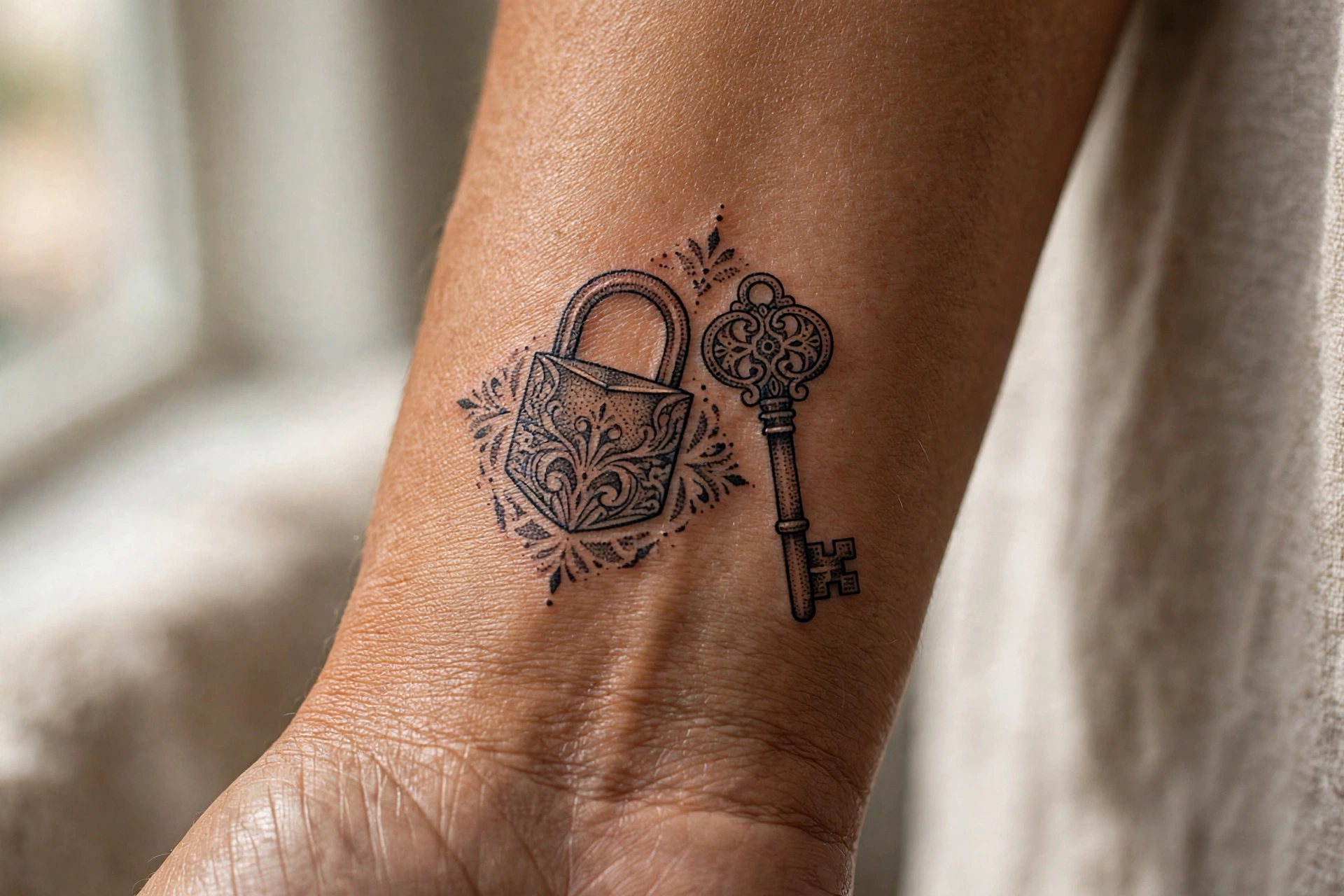 Lock and key matching couple tattoo design