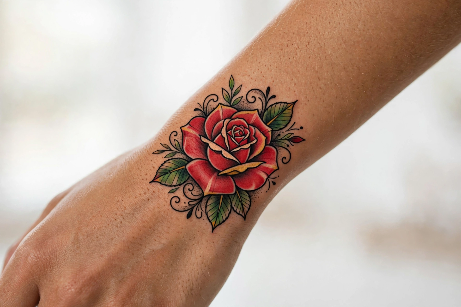 Single red rose tattoo symbolizing passionate love