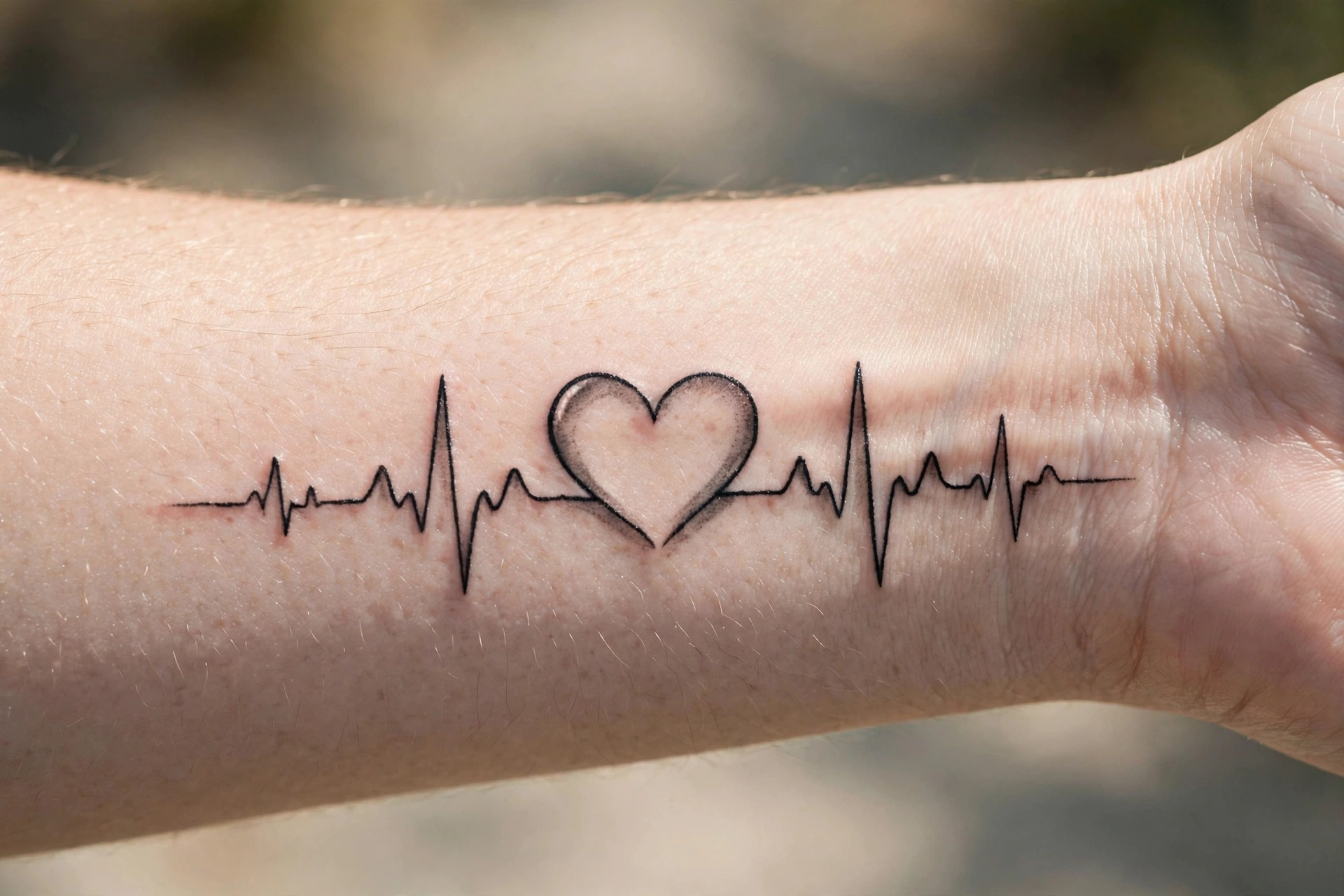 Heartbeat EKG line forming heart tattoo on chest