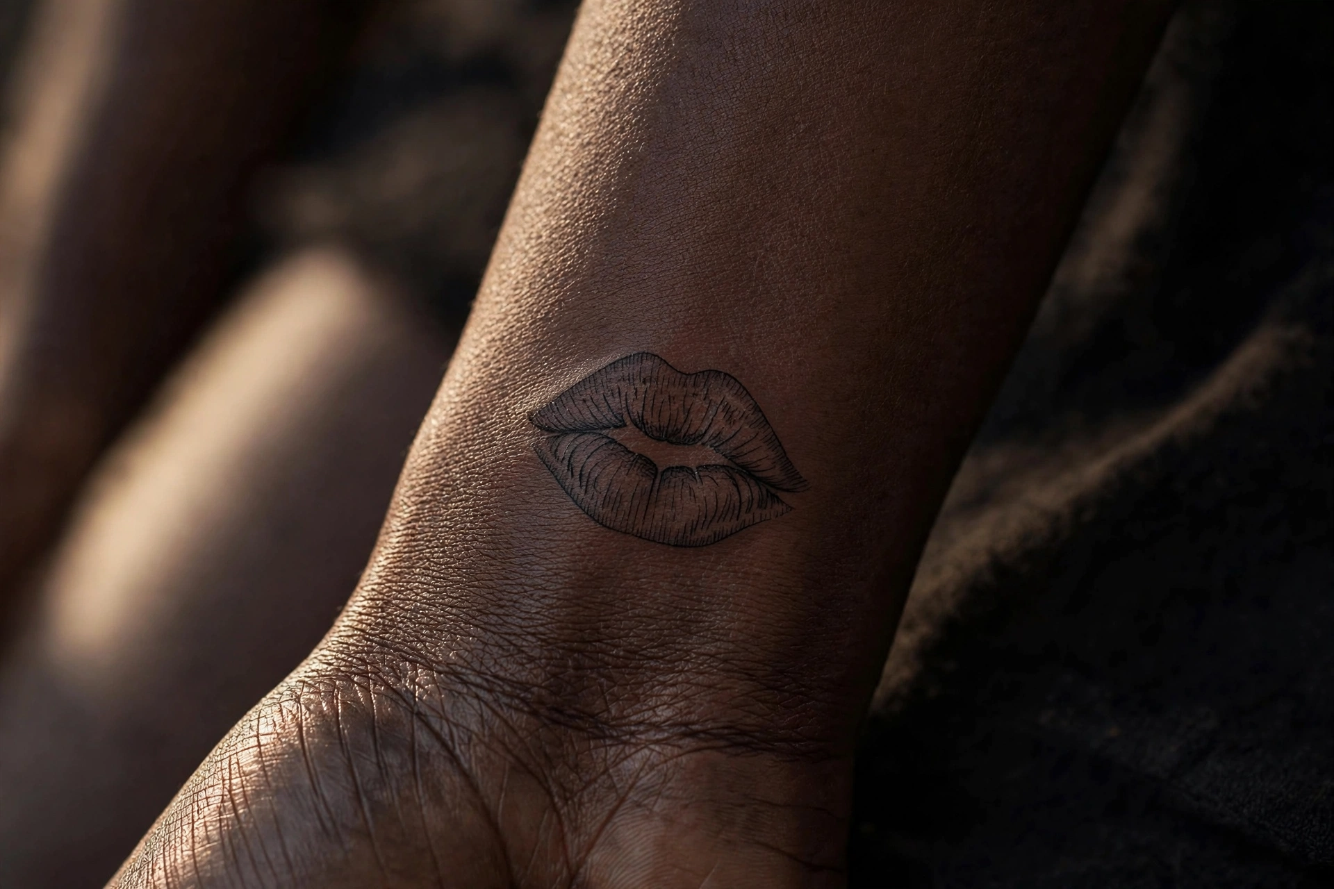 Red lipstick kiss print tattoo on shoulder
