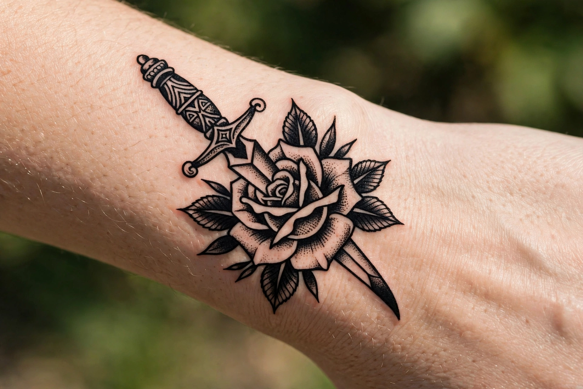 Traditional rose and dagger tattoo symbolizing love and pain
