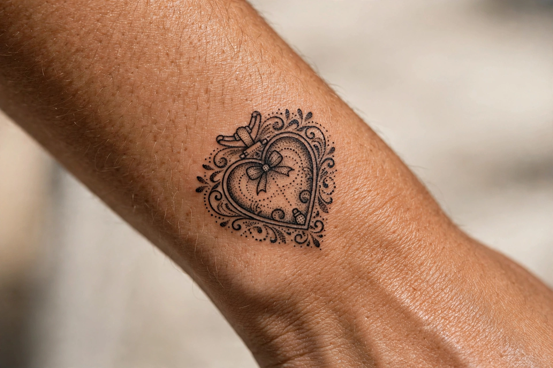 Heart-shaped locket tattoo with tiny photo inside