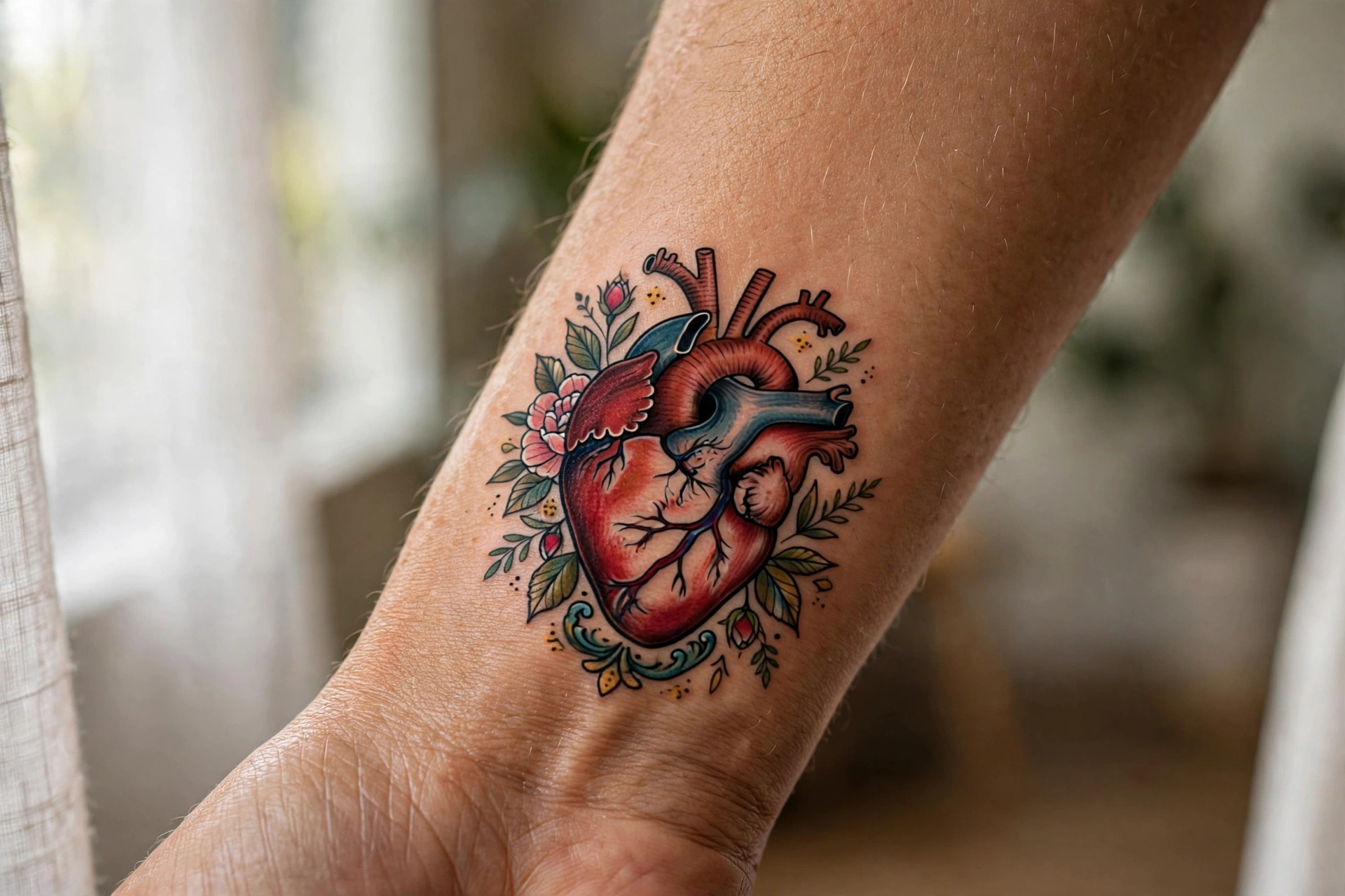 Realistic anatomical heart tattoo with flowers