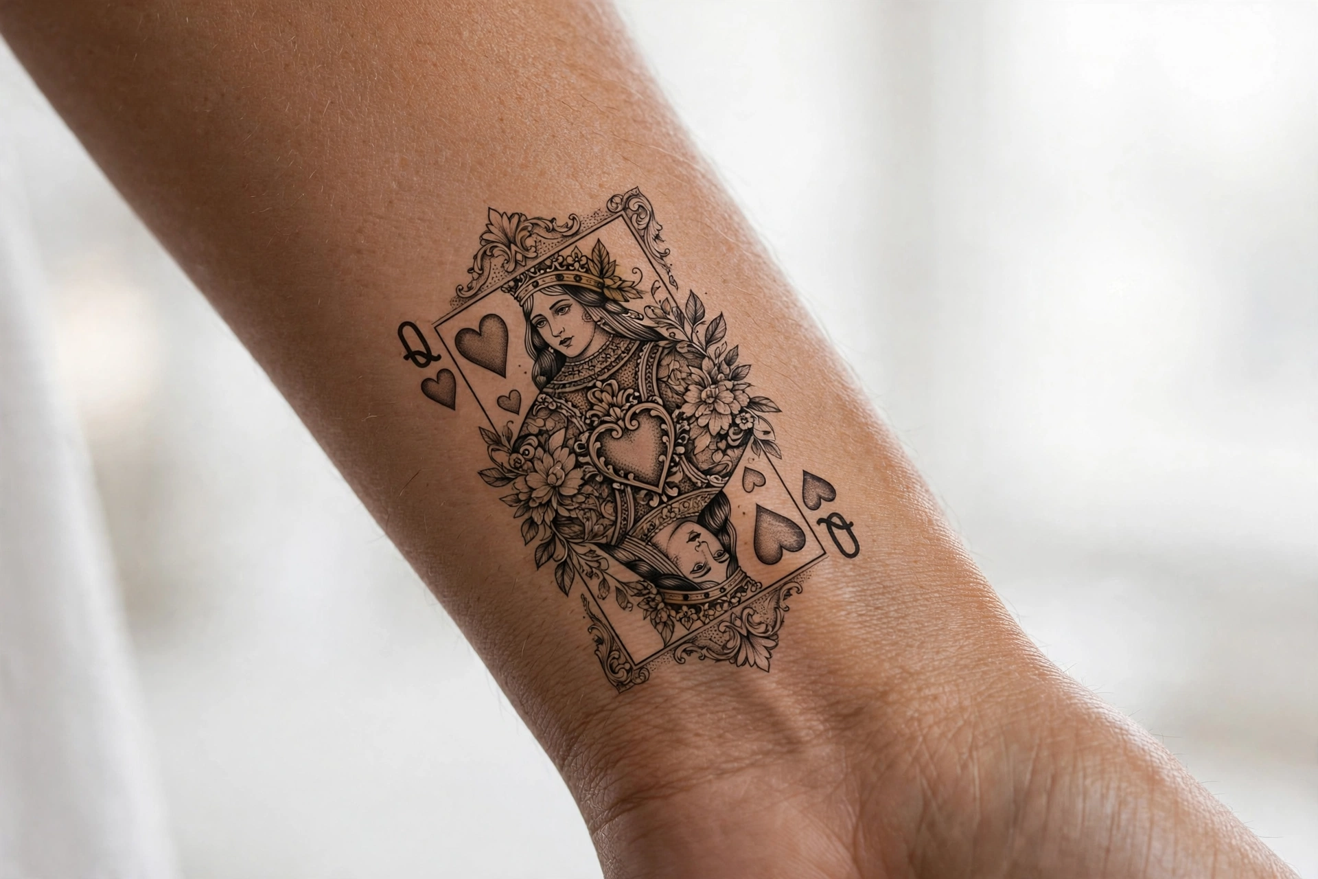 Queen of hearts playing card tattoo design