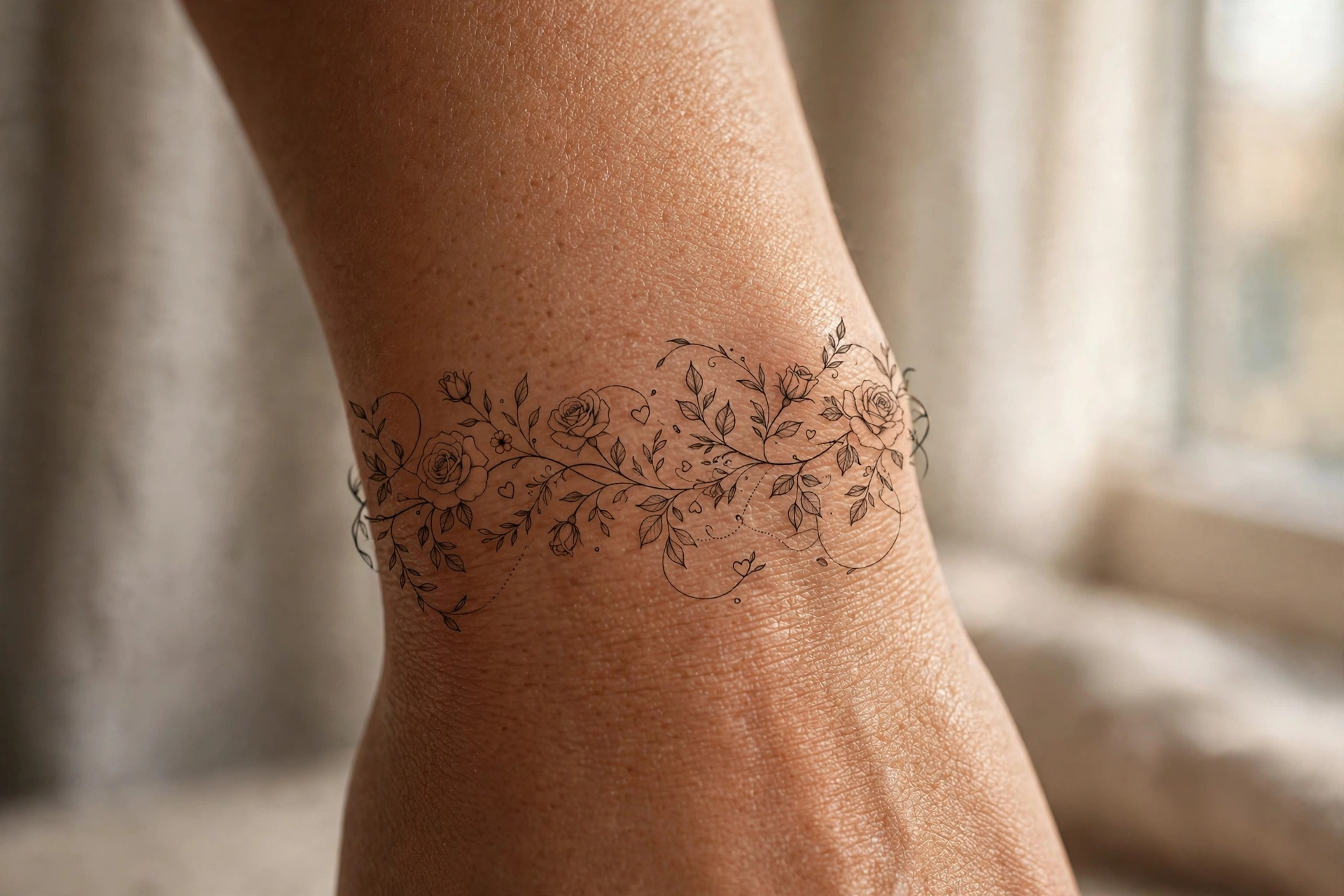 Delicate rose vine tattoo wrapping around arm