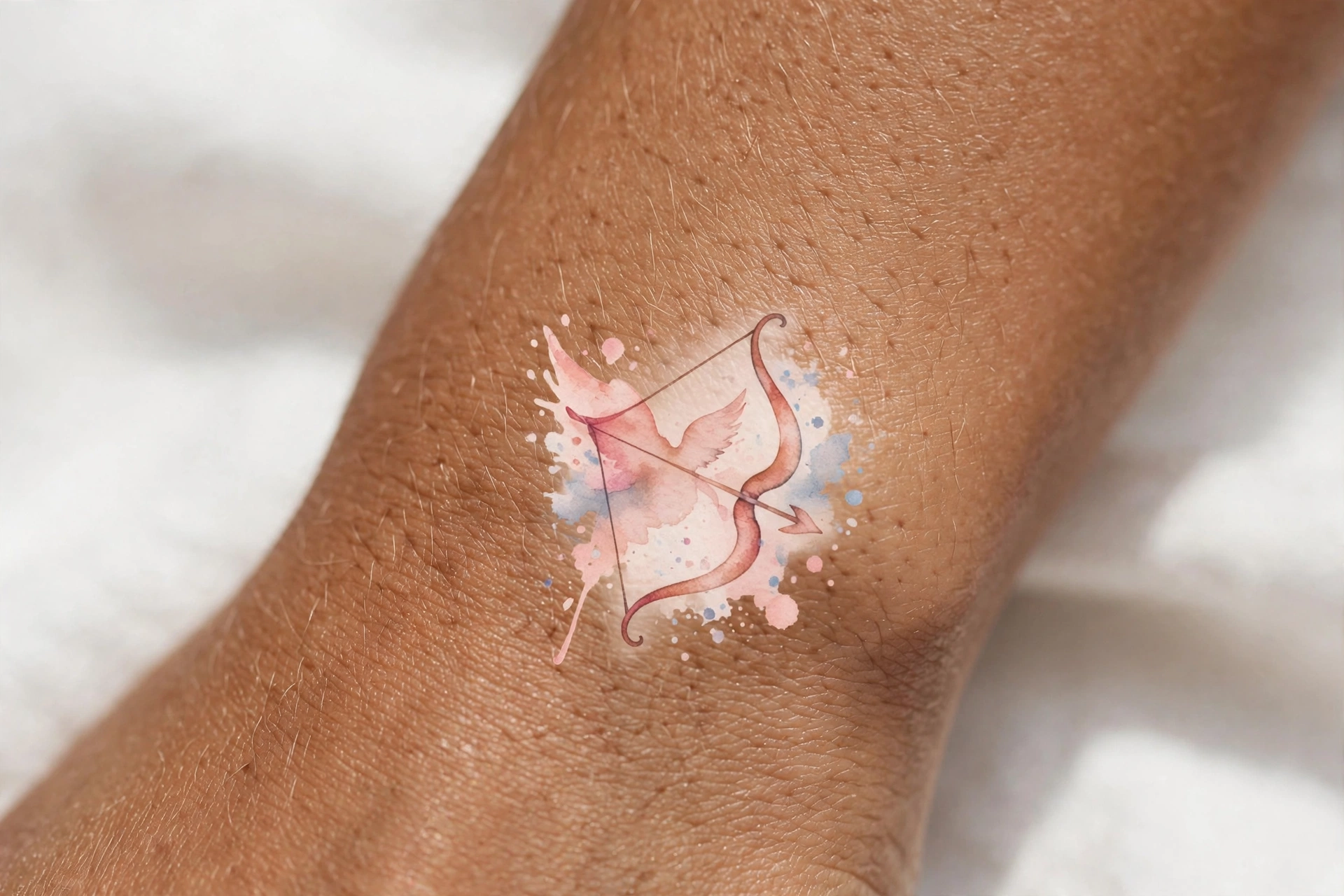 Ornate cupid bow tattoo with arrow on thigh