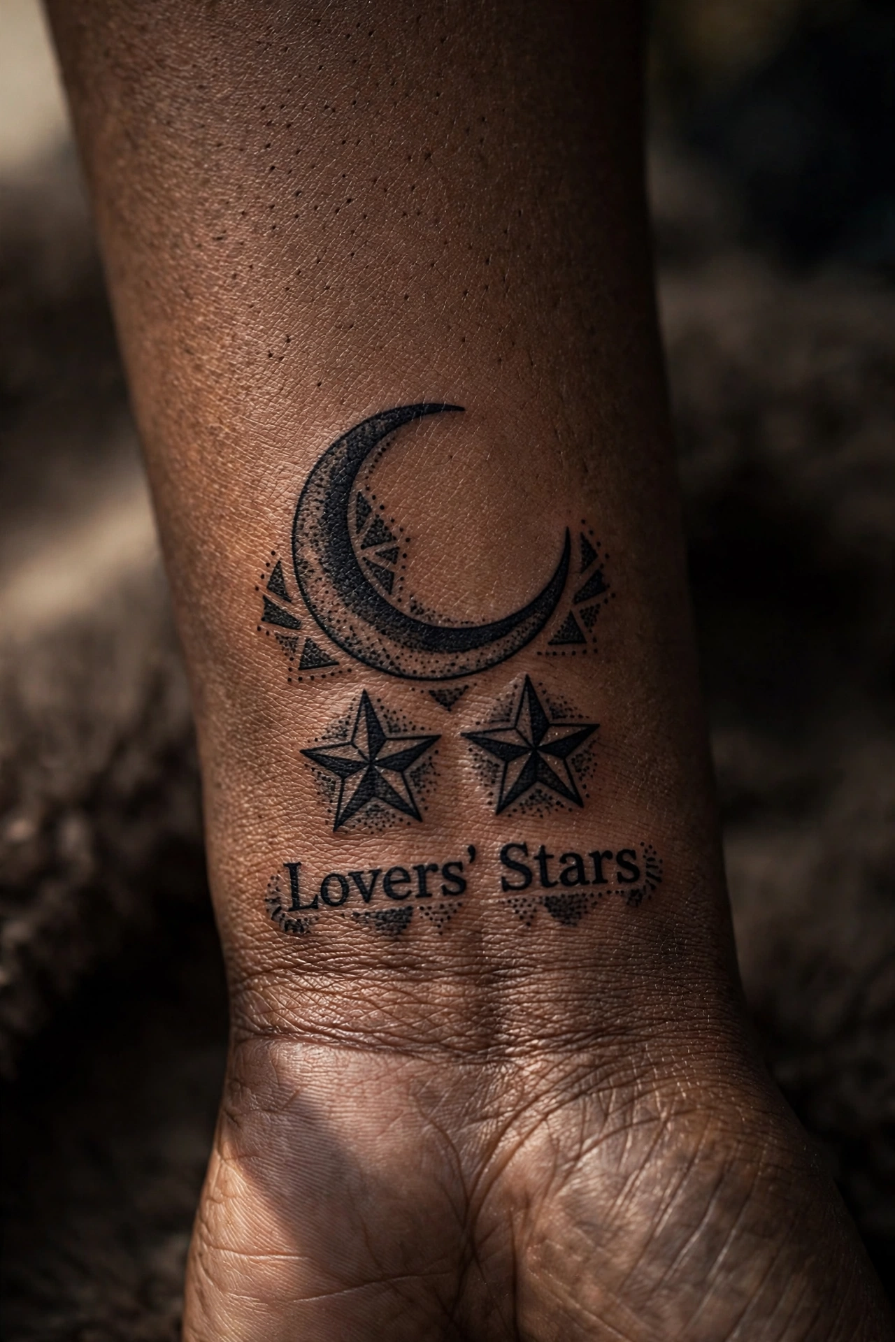 Crescent moon with lovers stars tattoo design