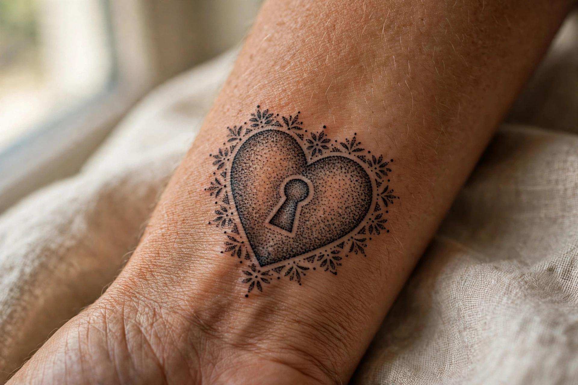 Heart-shaped keyhole tattoo on sternum