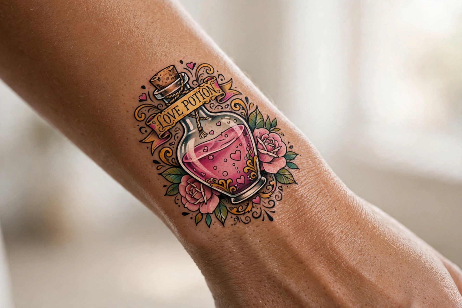 Vintage love potion bottle tattoo with hearts