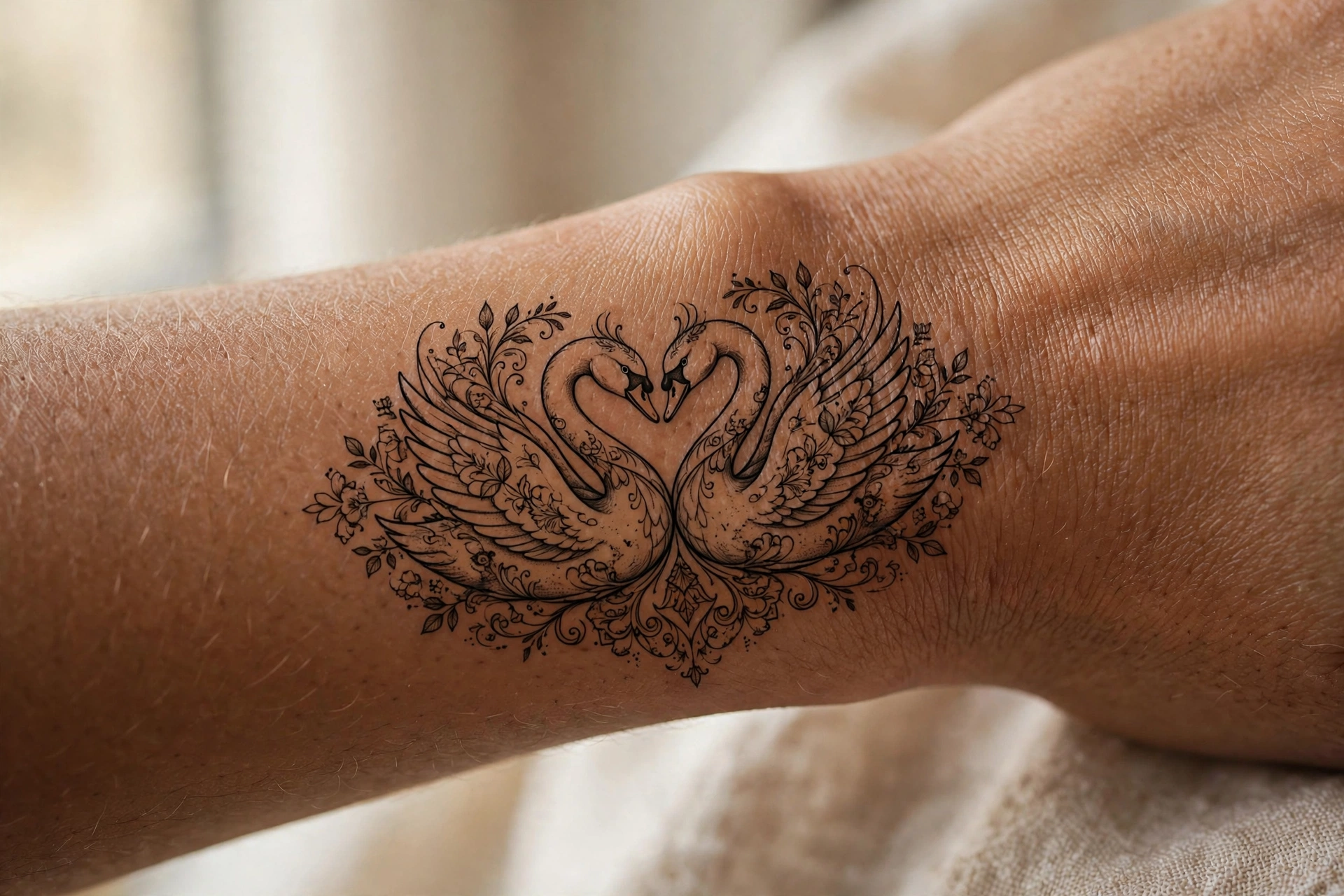 Two swans forming heart shape with necks tattoo