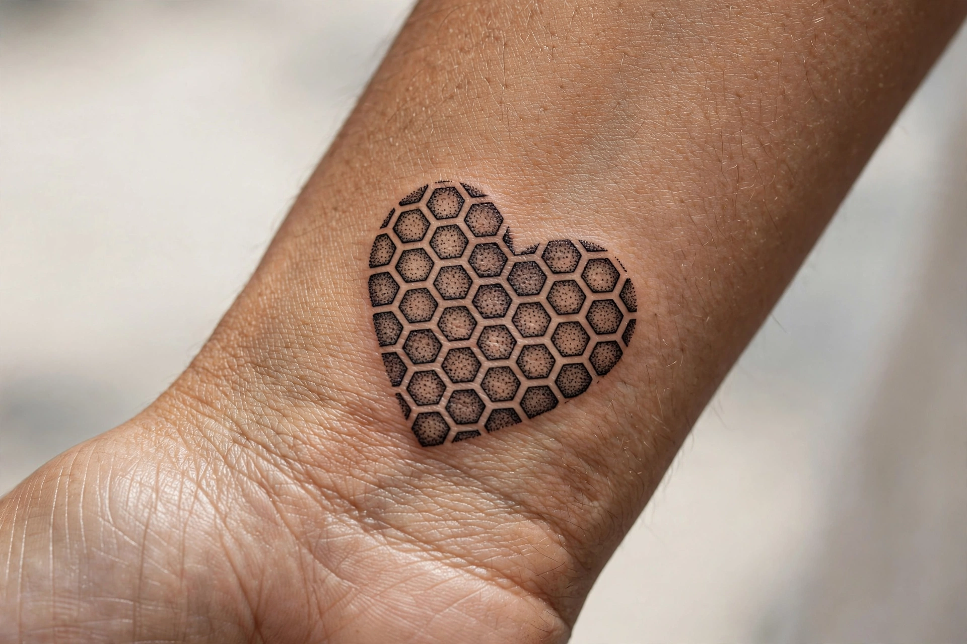 Honeycomb pattern heart tattoo with bee