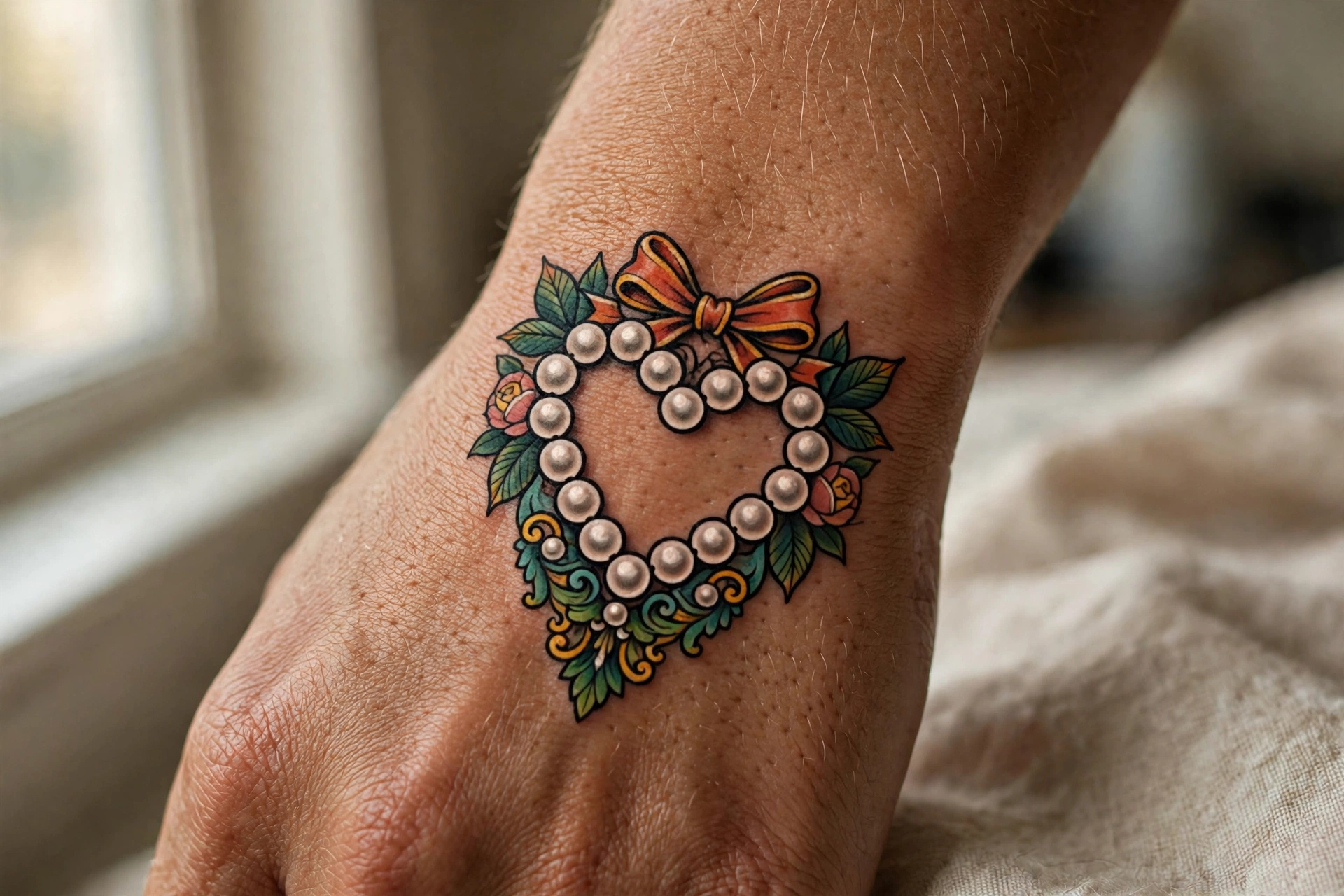 Pearl necklace with heart pendant tattoo