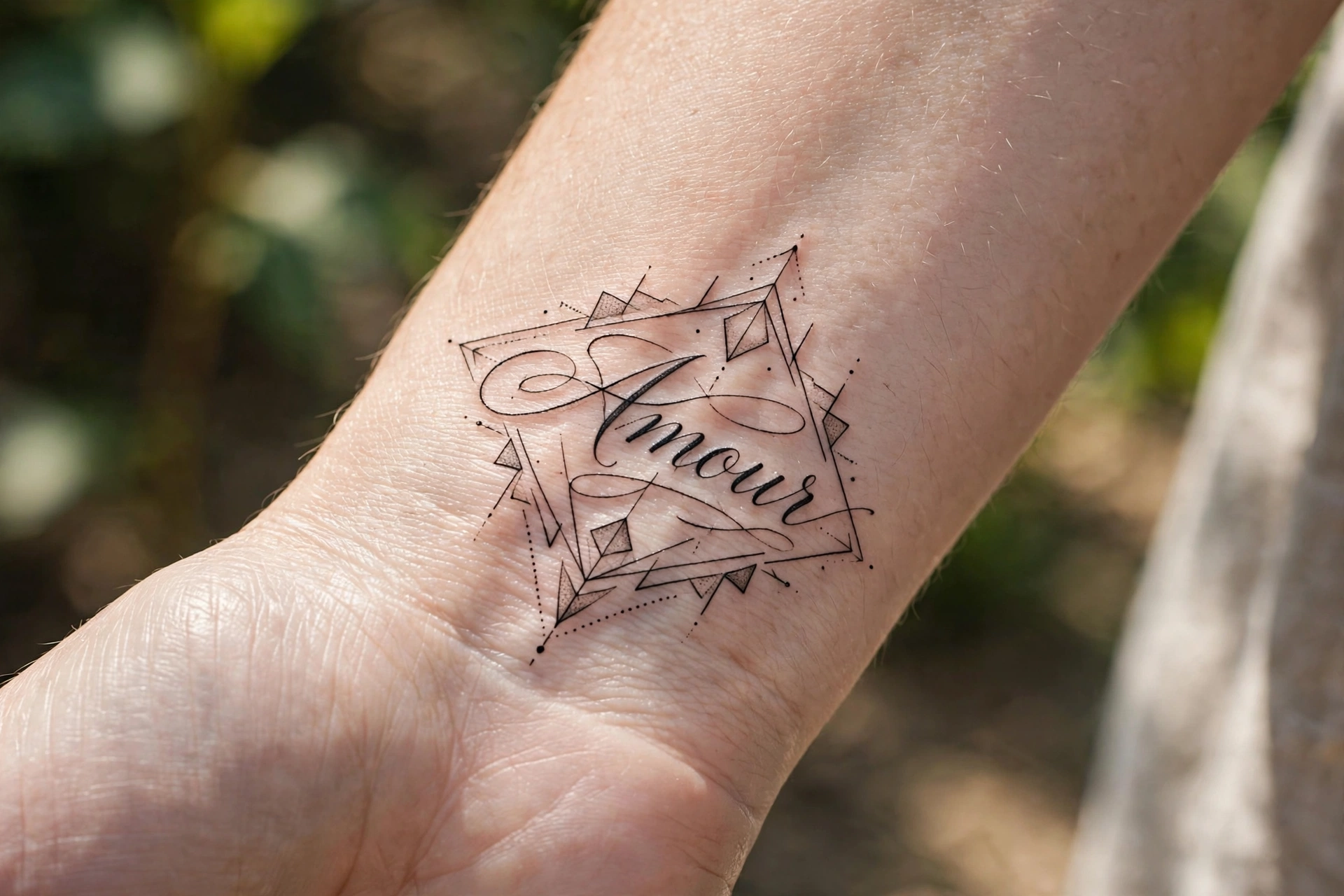 Amour french calligraphy tattoo on forearm