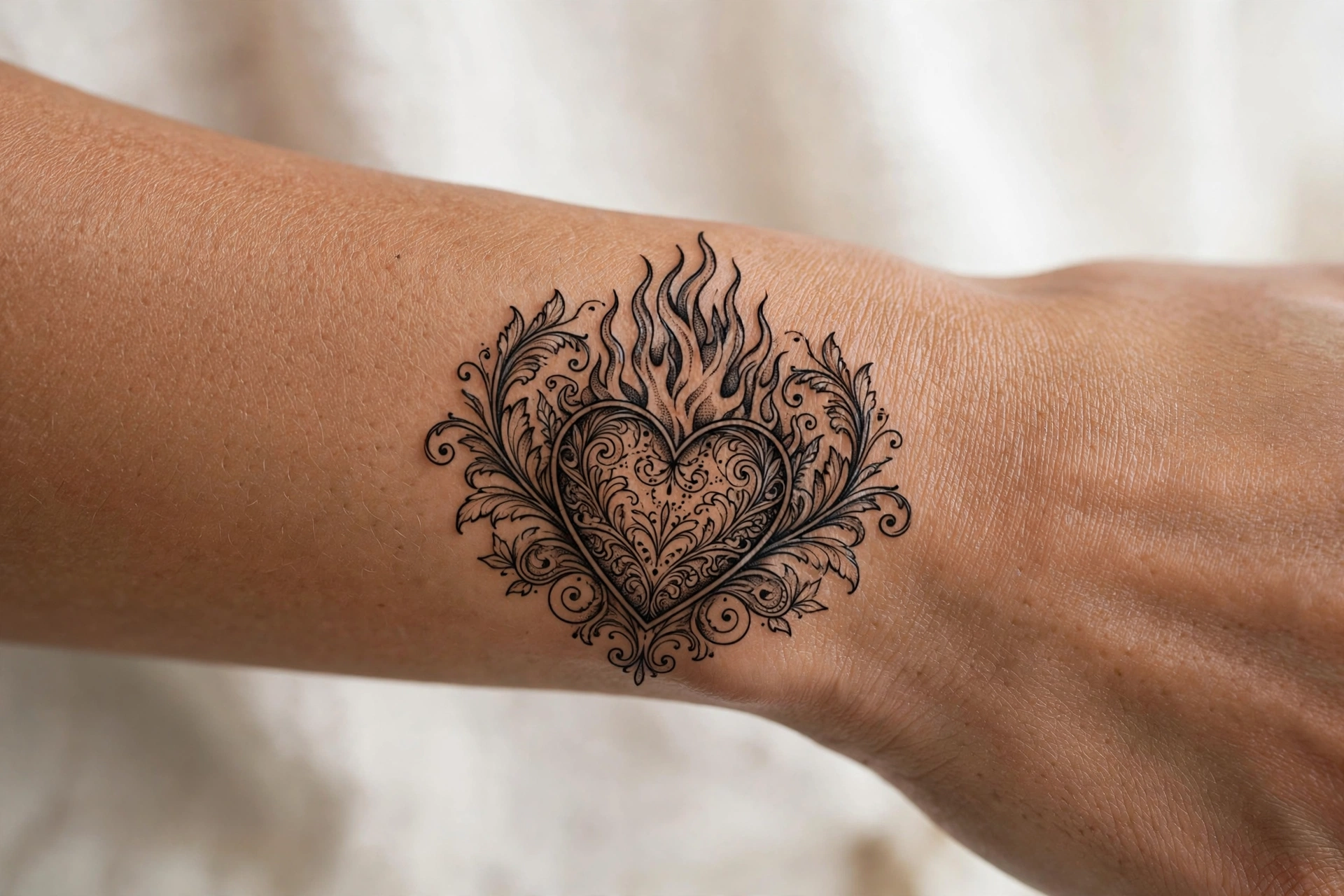 Heart engulfed in flames tattoo symbolizing passion
