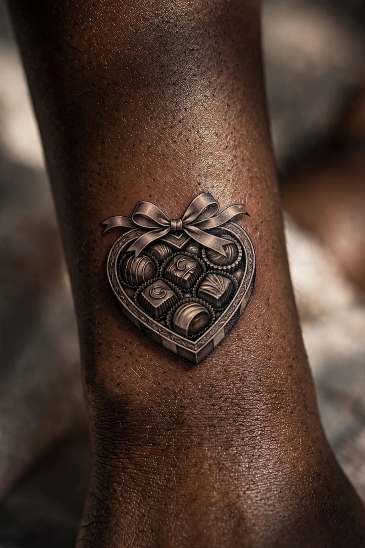 Heart-shaped chocolate box tattoo in vintage style
