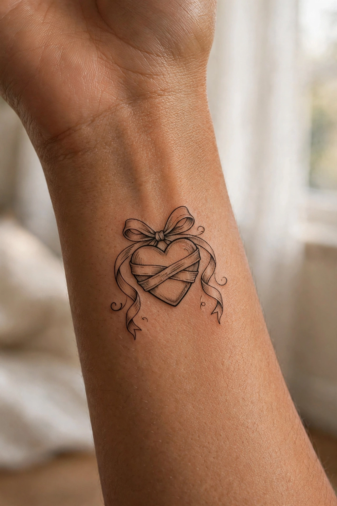 Heart wrapped in satin ribbon bow tattoo