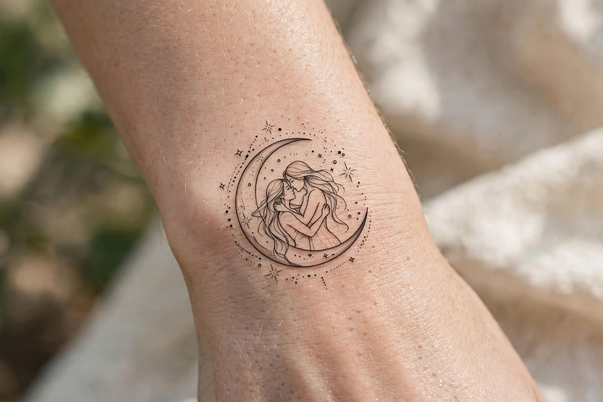 Sun and moon lovers faces tattoo design