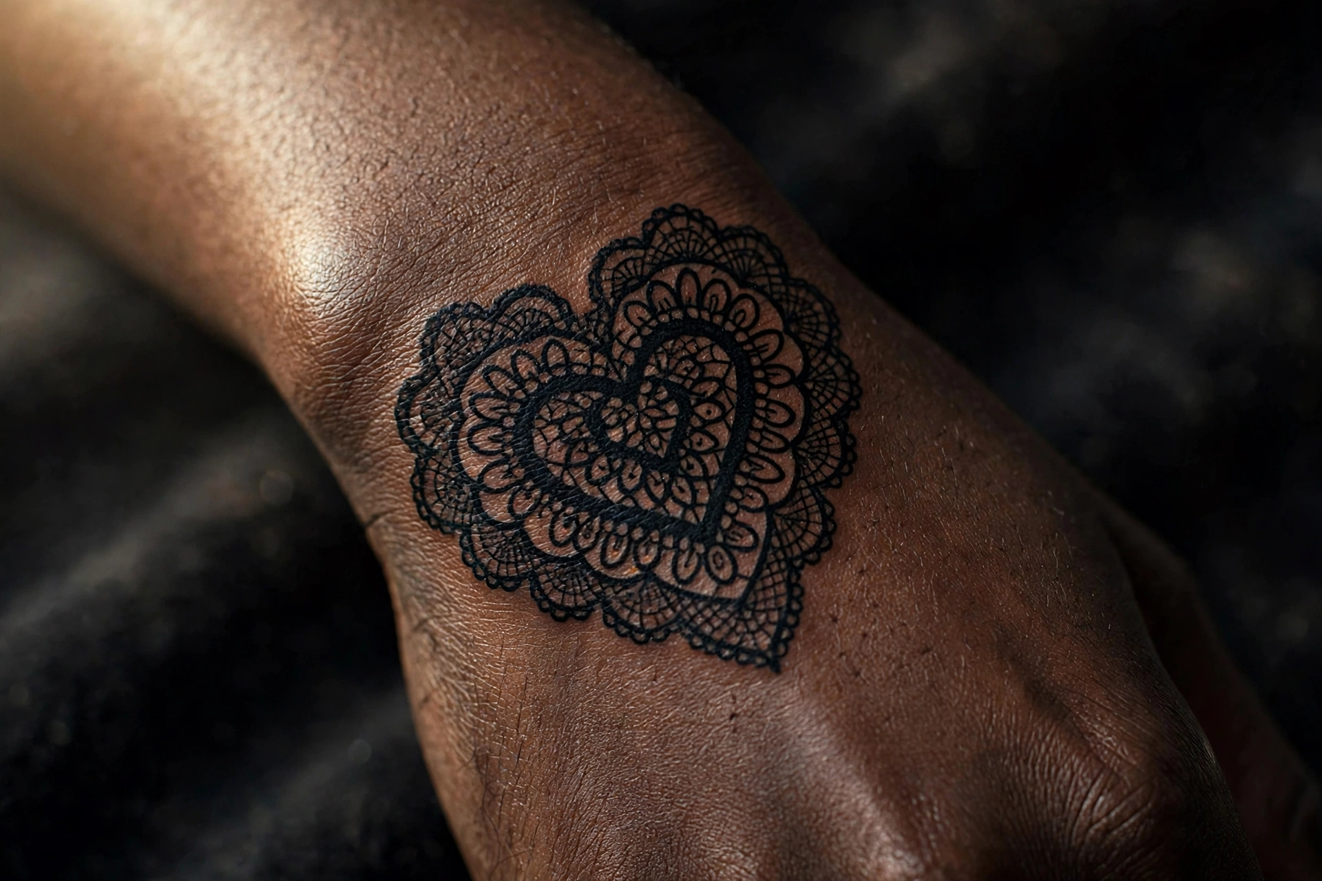 Intricate lace doily heart tattoo on thigh