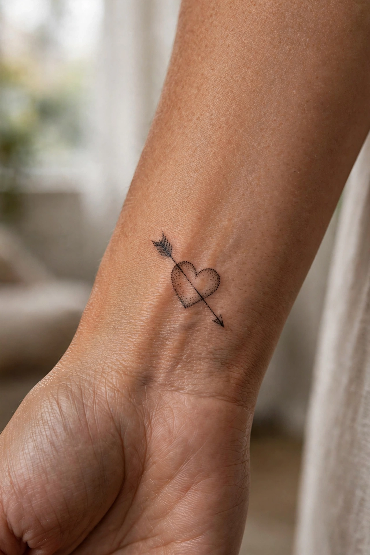Minimalist single line heart and arrow tattoo