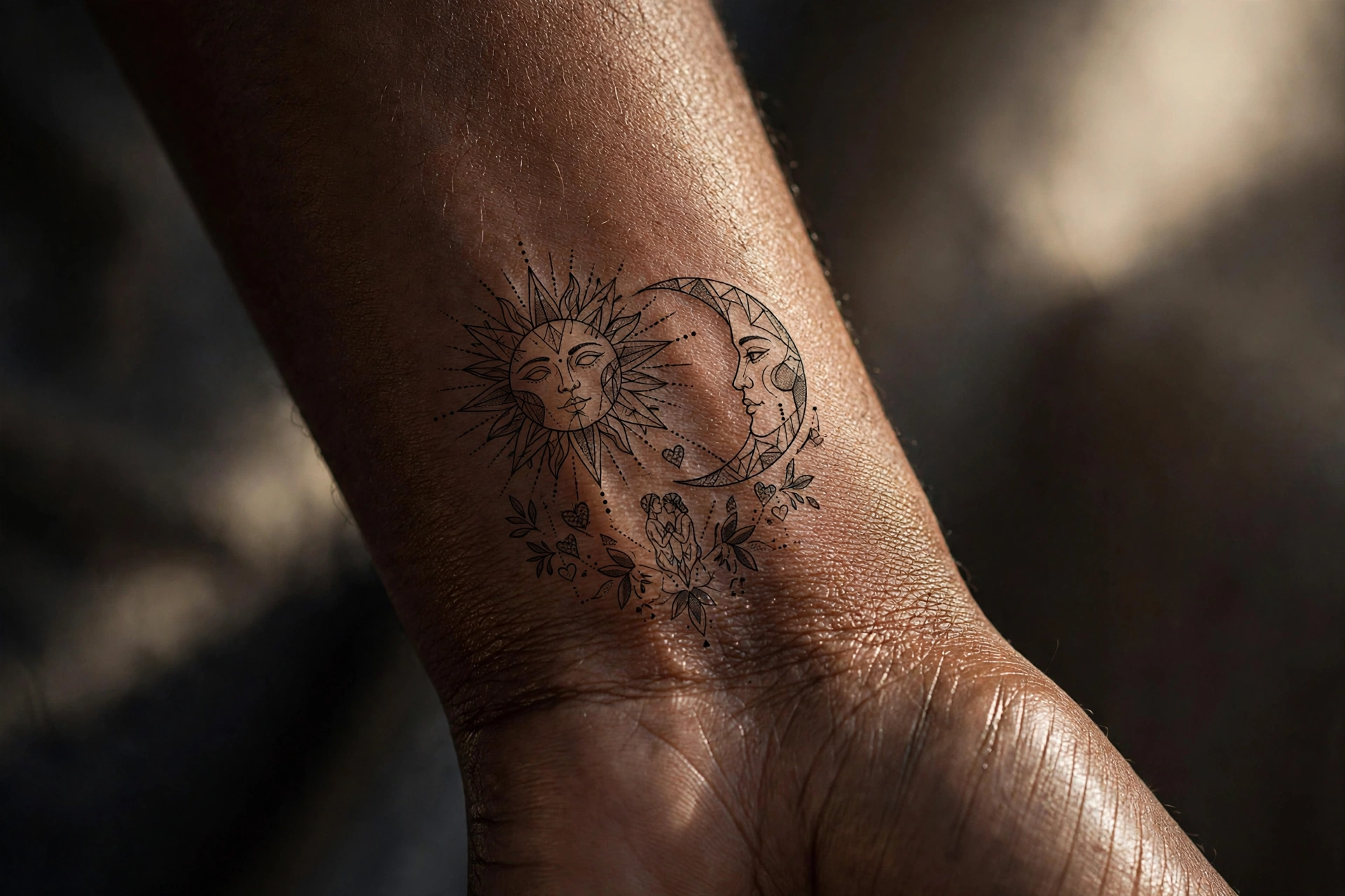 Sun and moon entwined lovers tattoo