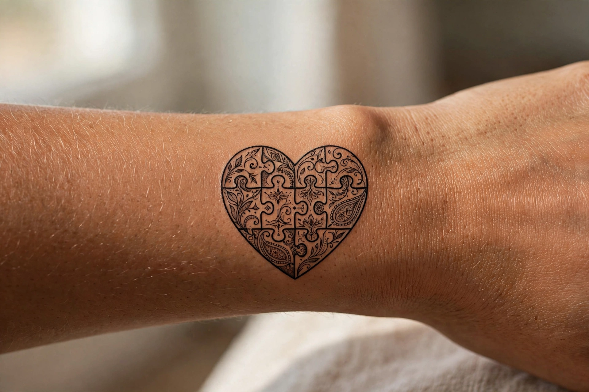 Two puzzle pieces forming heart couple tattoo