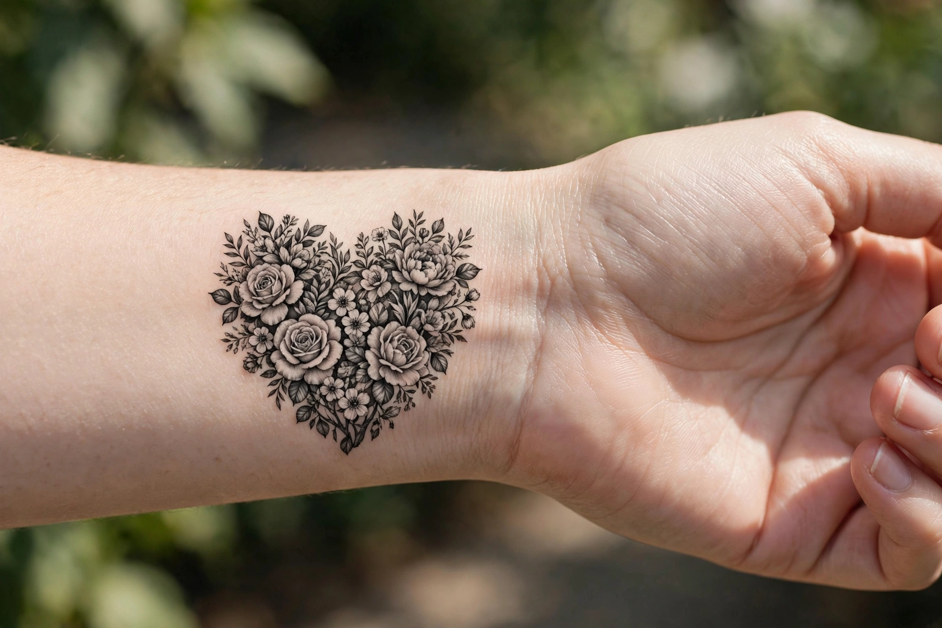 Heart shape filled with blooming garden flowers tattoo
